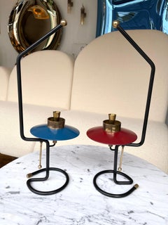 Mid Century Pair of Candle Holders Lacquered Metal and Brass. Italy, 1950s