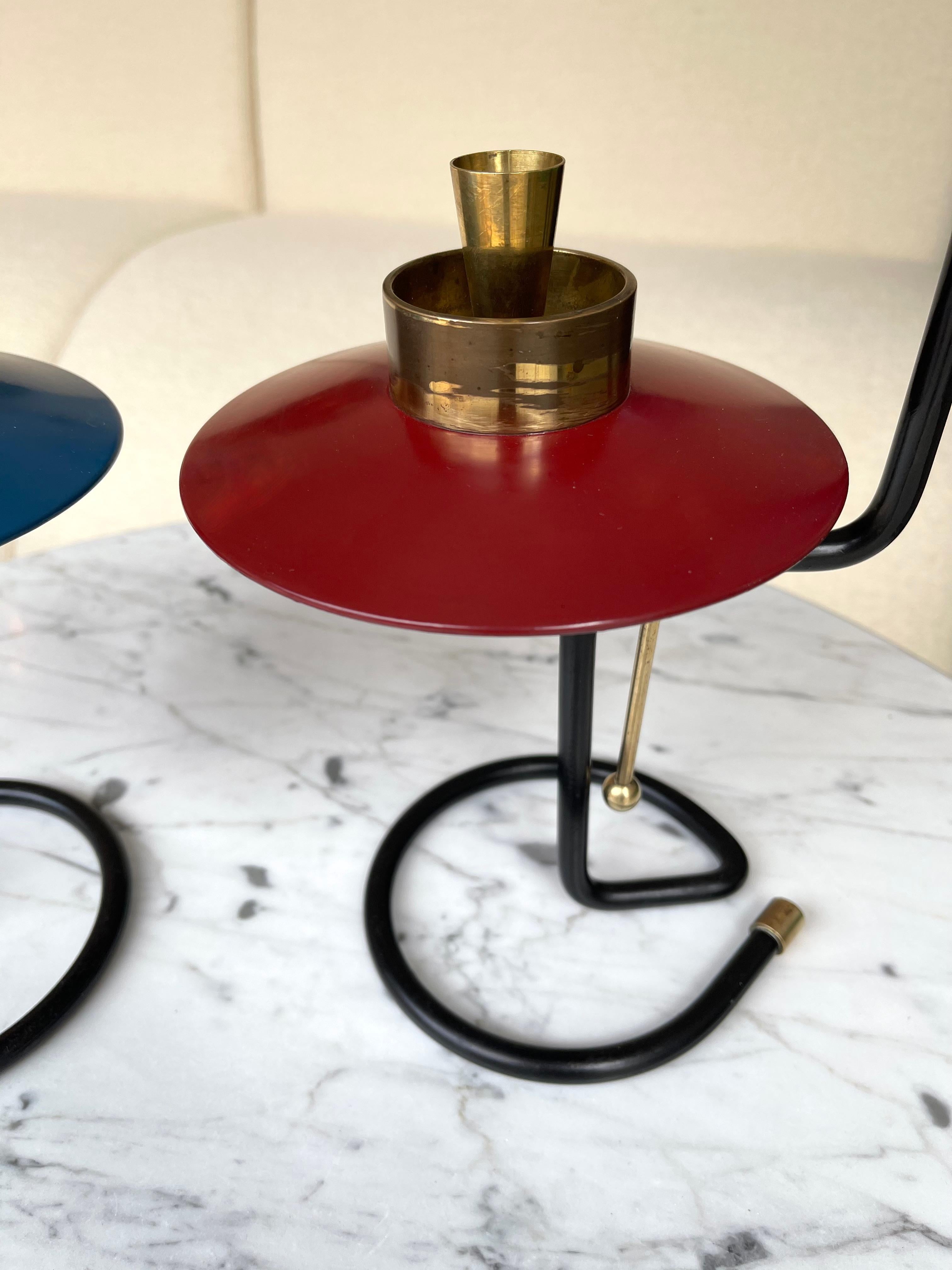 Mid-Century Modern Mid Century Pair of Candle Holders Lacquered Metal and Brass. Italy, 1950s For Sale