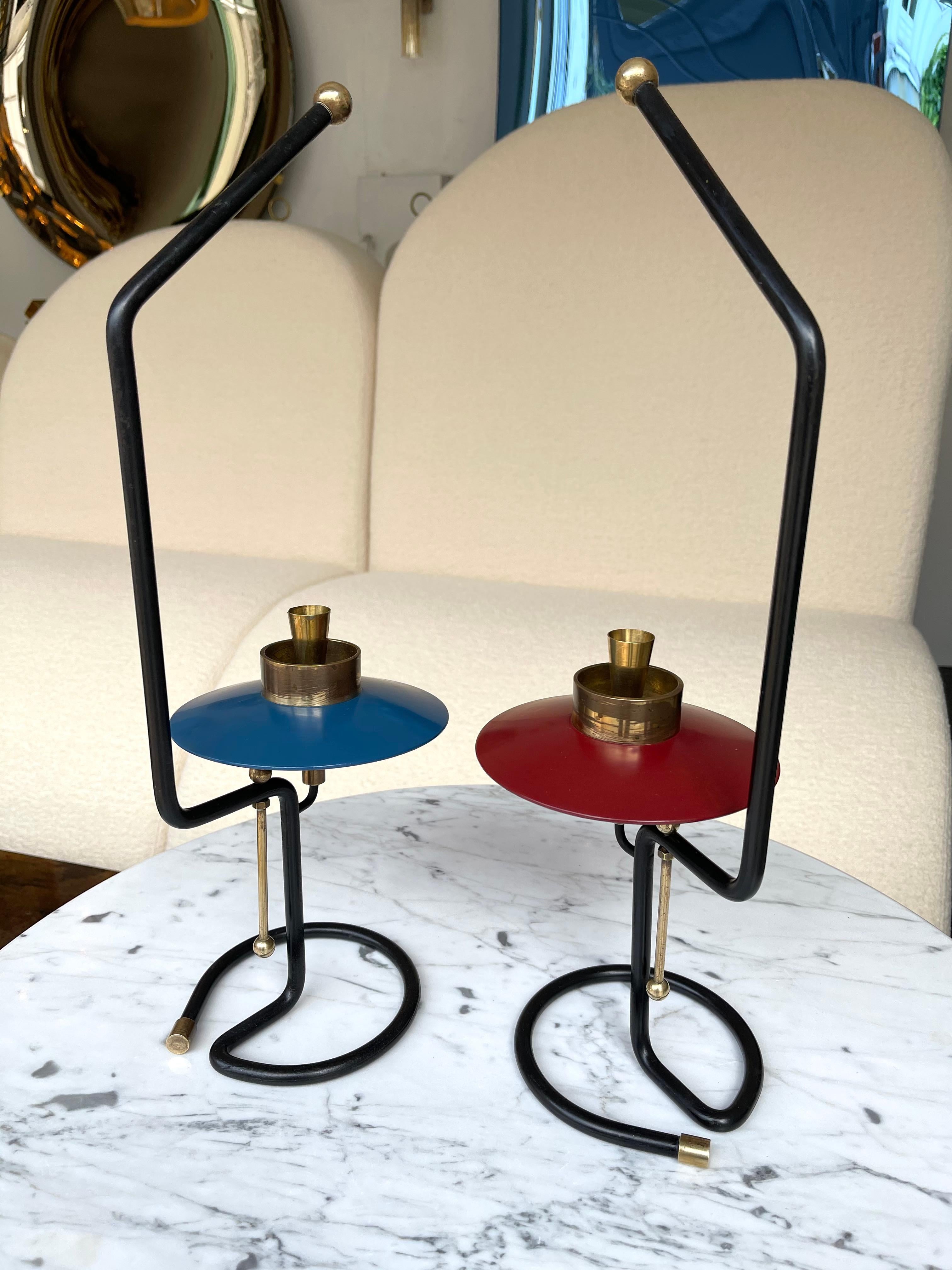 Mid Century Pair of Candle Holders Lacquered Metal and Brass. Italy, 1950s For Sale 2