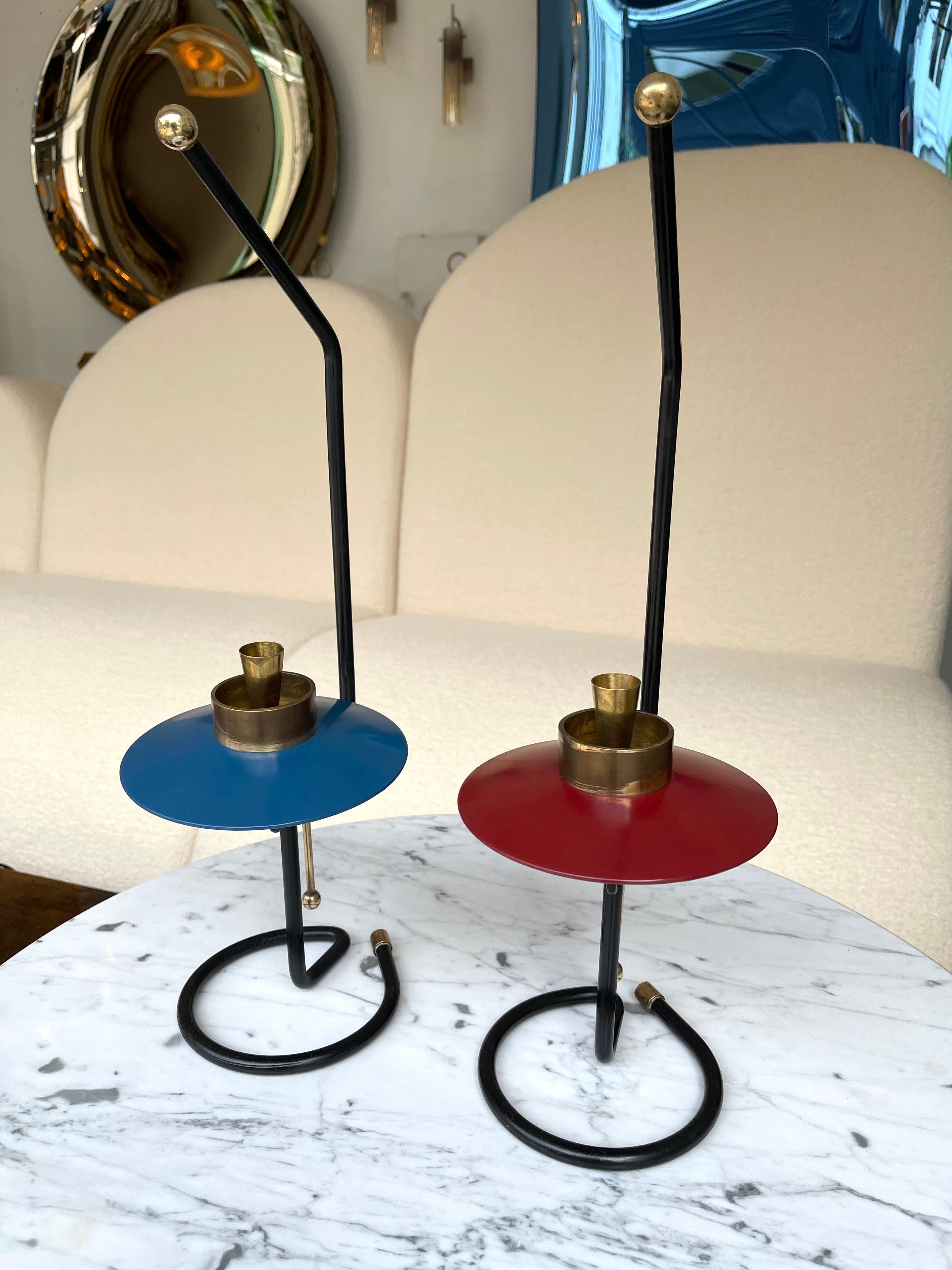 Mid Century Pair of Candle Holders Lacquered Metal and Brass. Italy, 1950s For Sale 3