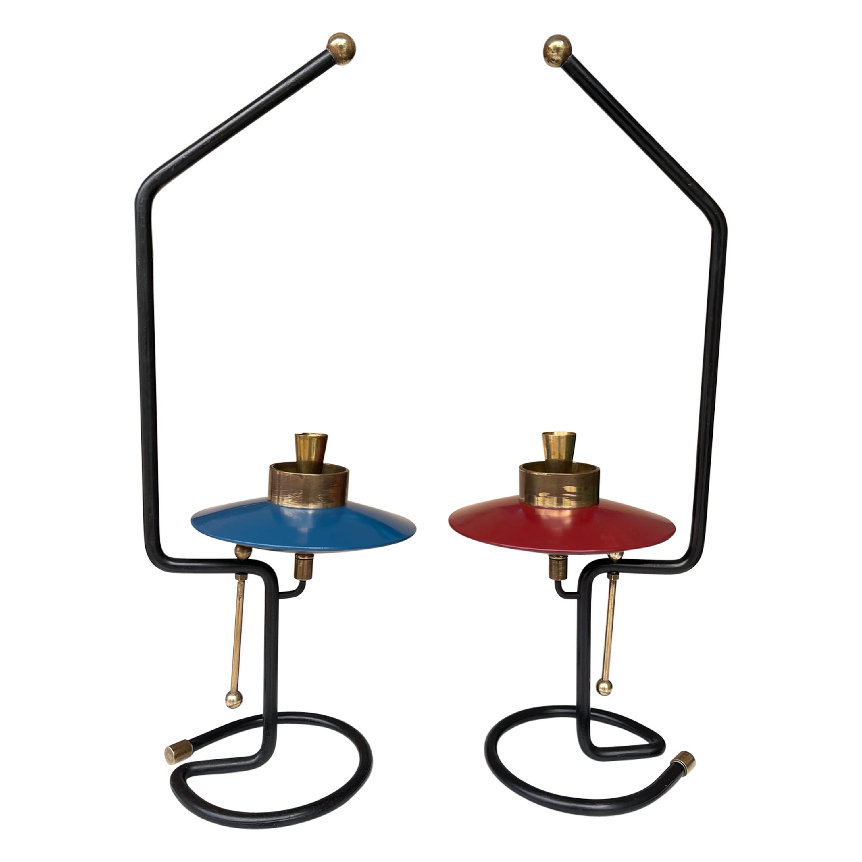 Mid Century Pair of Candle Holders Lacquered Metal and Brass. Italy, 1950s