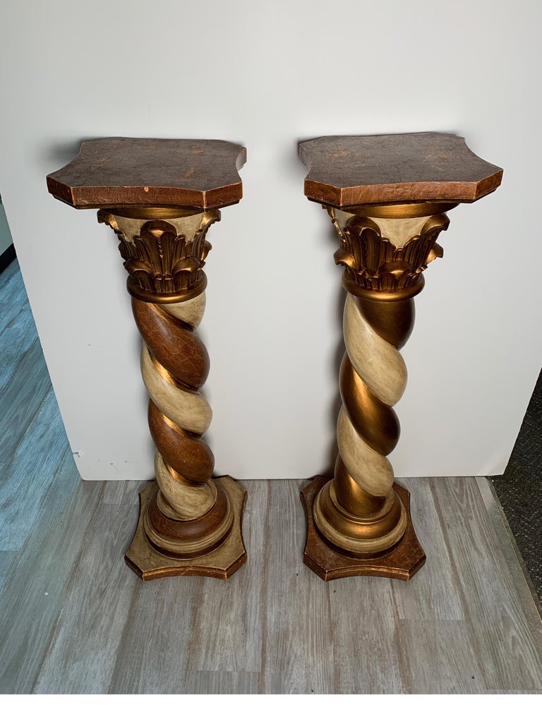 Midcentury Pair Of Carved Wood Pedestals With Decorative Faux