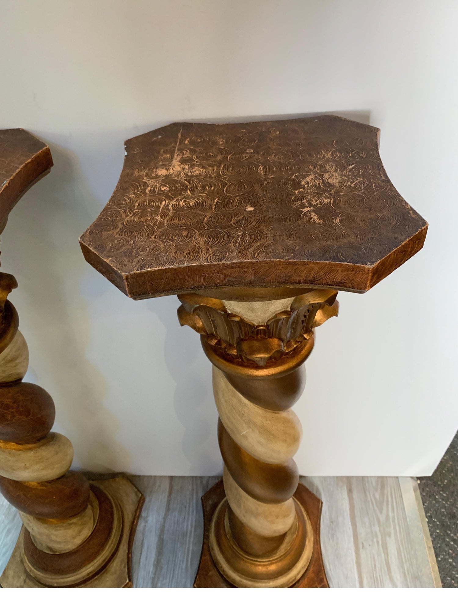 Midcentury Pair Of Carved Wood Pedestals With Decorative Faux