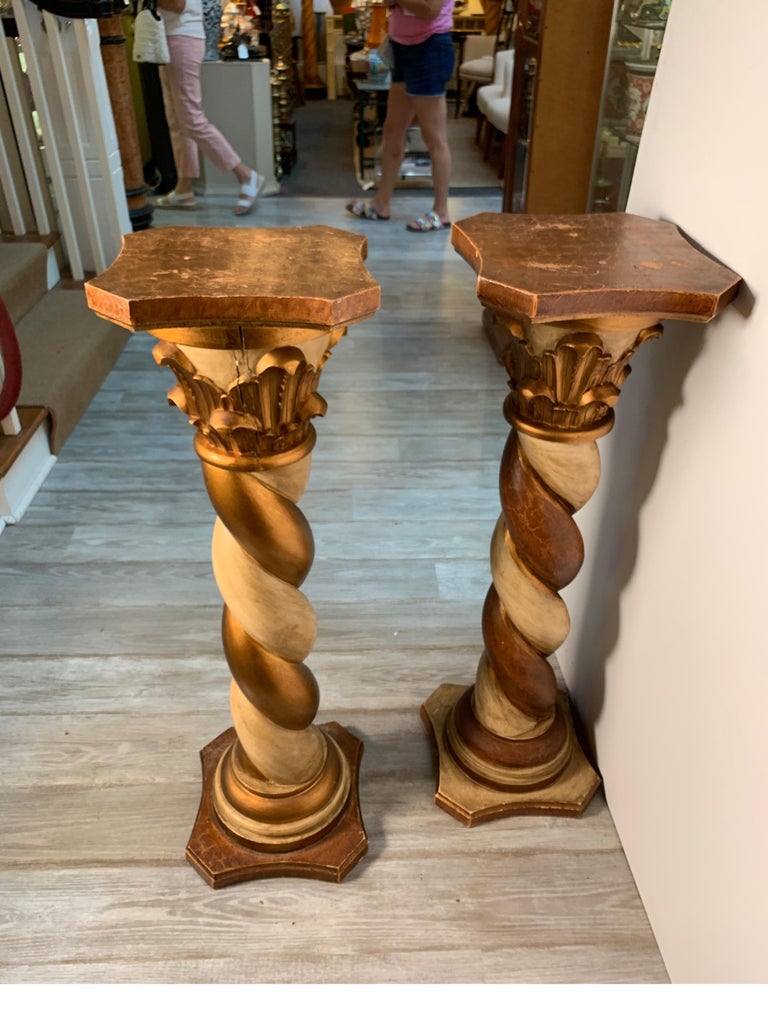 Midcentury Pair Of Carved Wood Pedestals With Decorative Faux