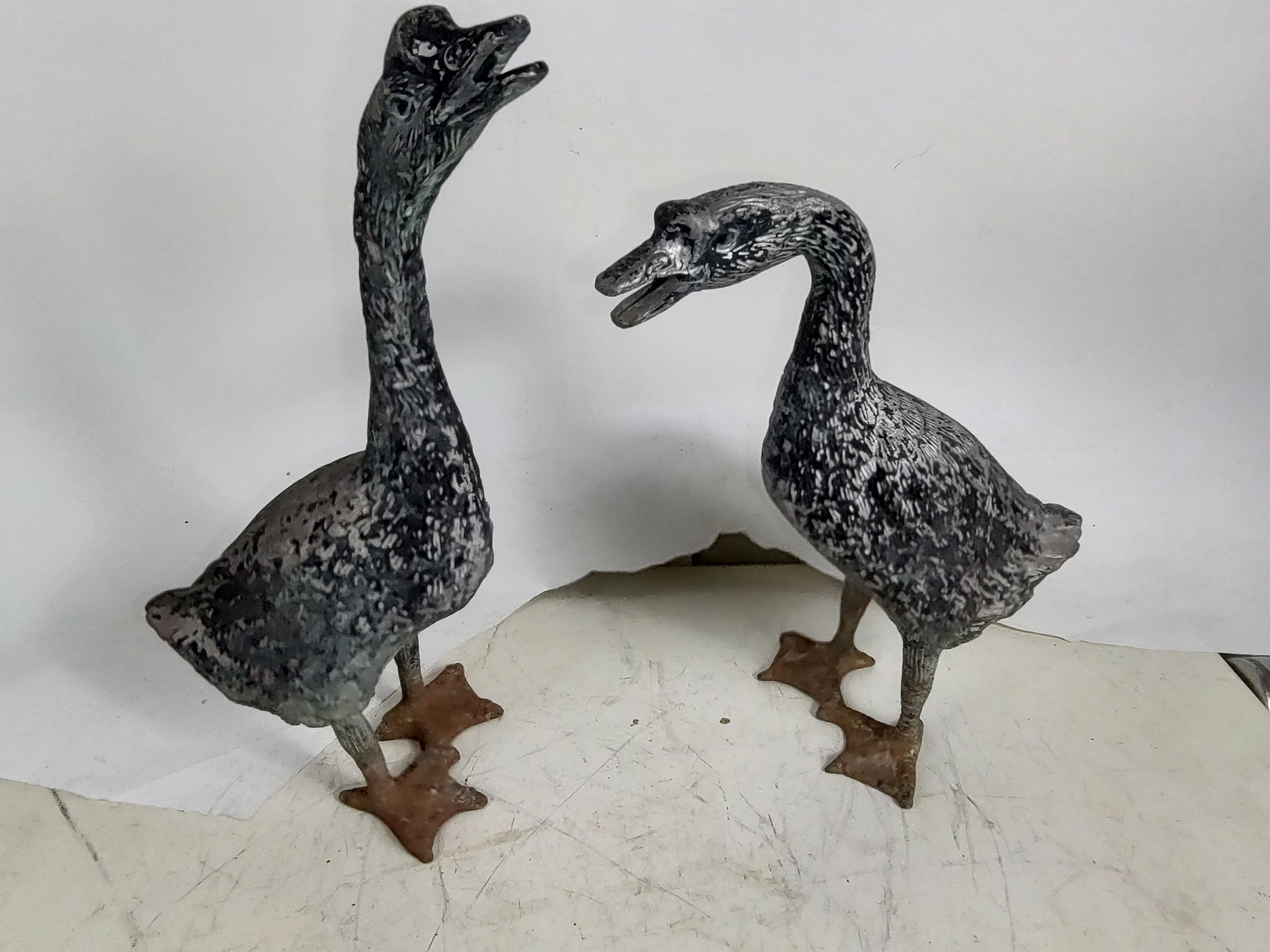 Midcentury Pair of Cast Alminum Garden Geese Indoor Outdoor with Patina 2