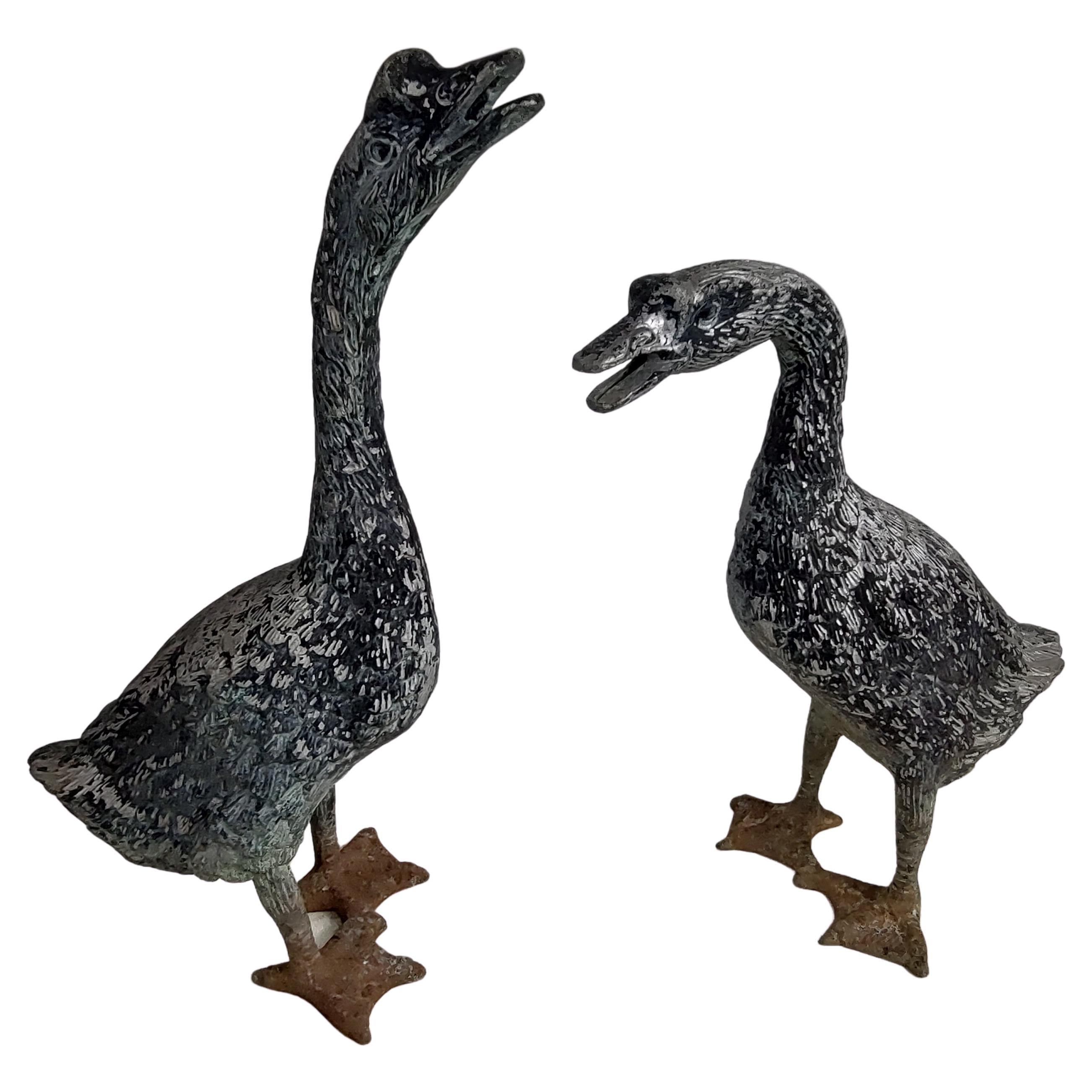 Midcentury Pair of Cast Alminum Garden Geese Indoor Outdoor with Patina