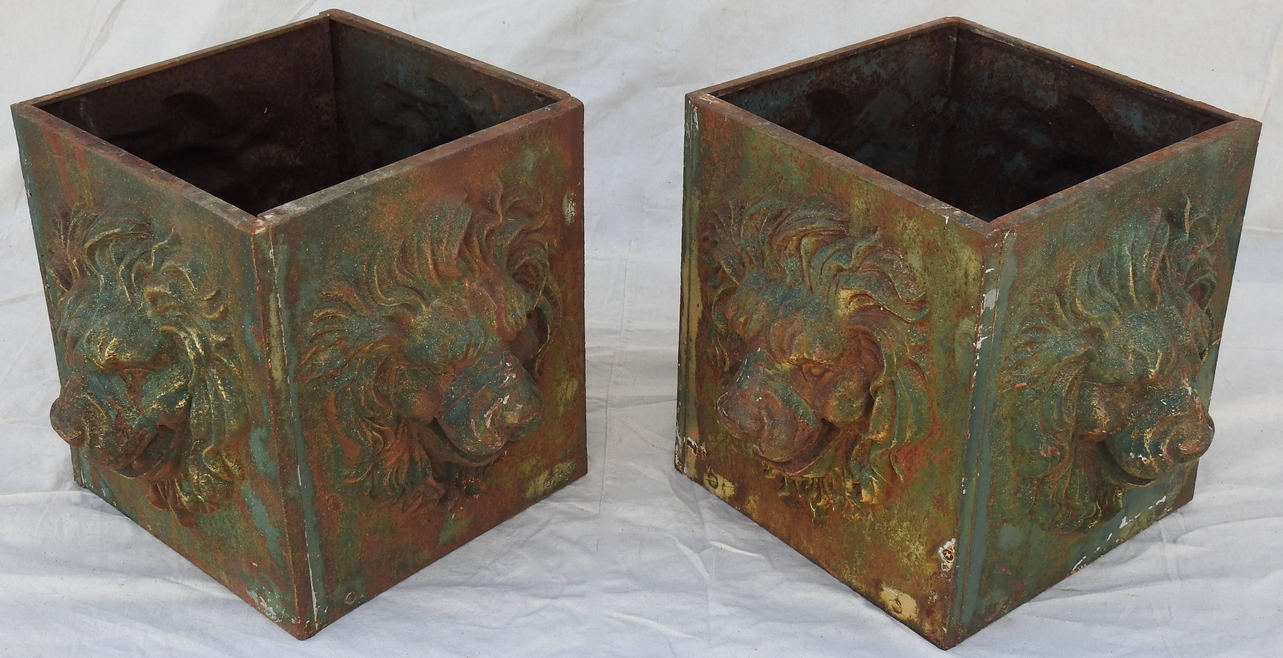 Neoclassical Revival Pair of Cast Iron Lions Head Planters, Midcentury