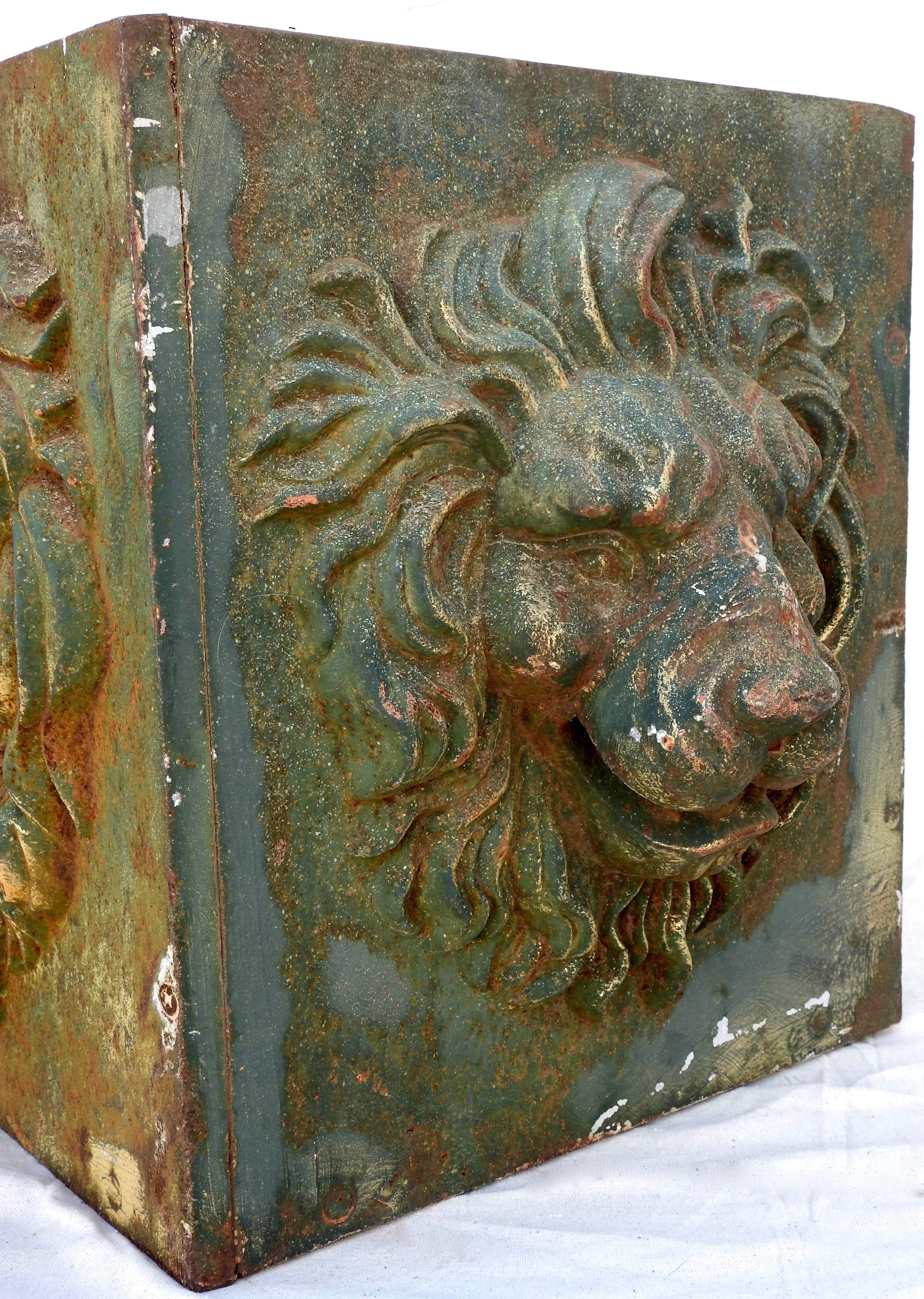 French Pair of Cast Iron Lions Head Planters, Midcentury