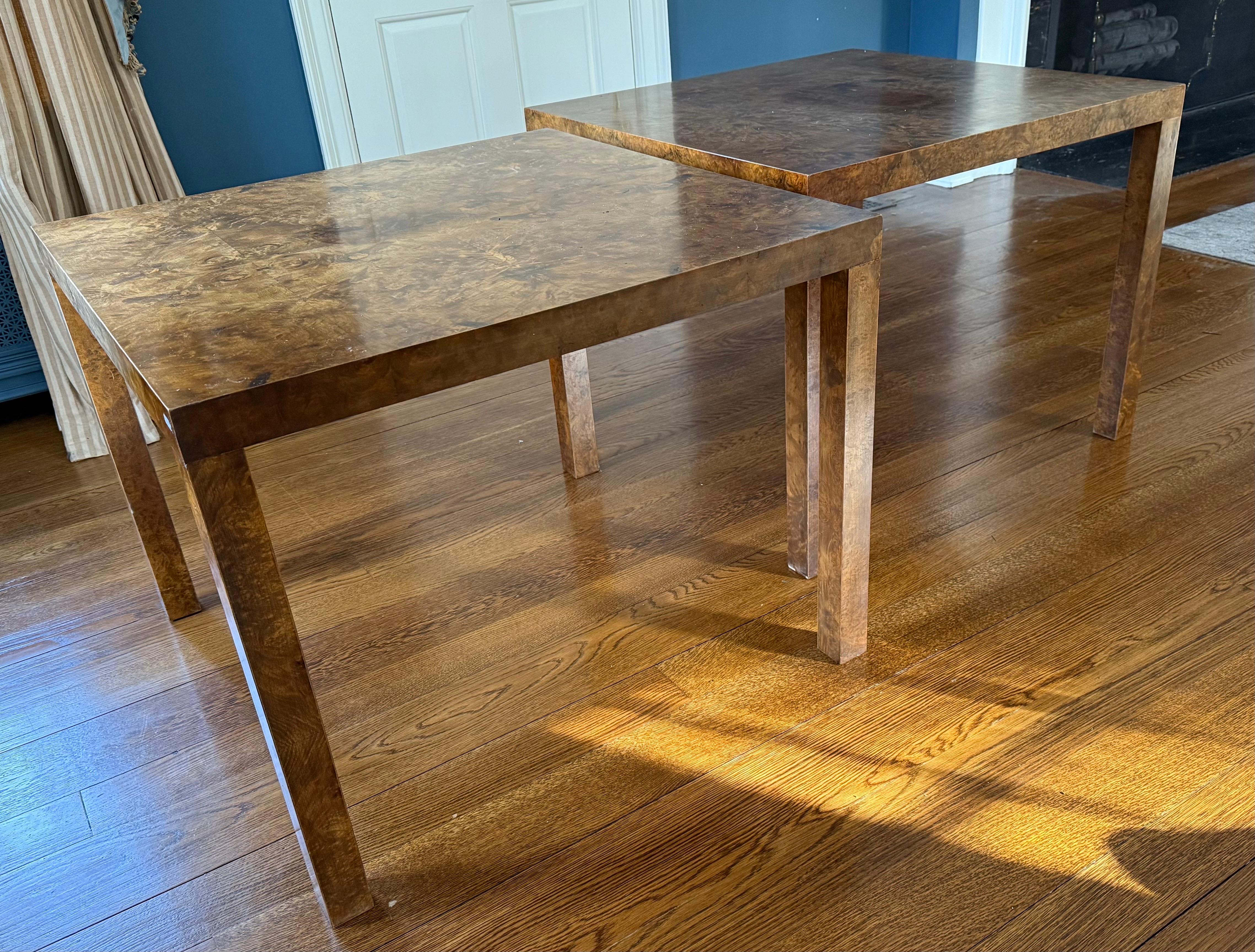 Rare matching pair of signed Milo Baughman designed for Directional Furniture mid century modern olive burl wood square tables that can function as a center, side, end or cocktail tables.  Hallmarks present on bottom.  Iconic in every way.  You are