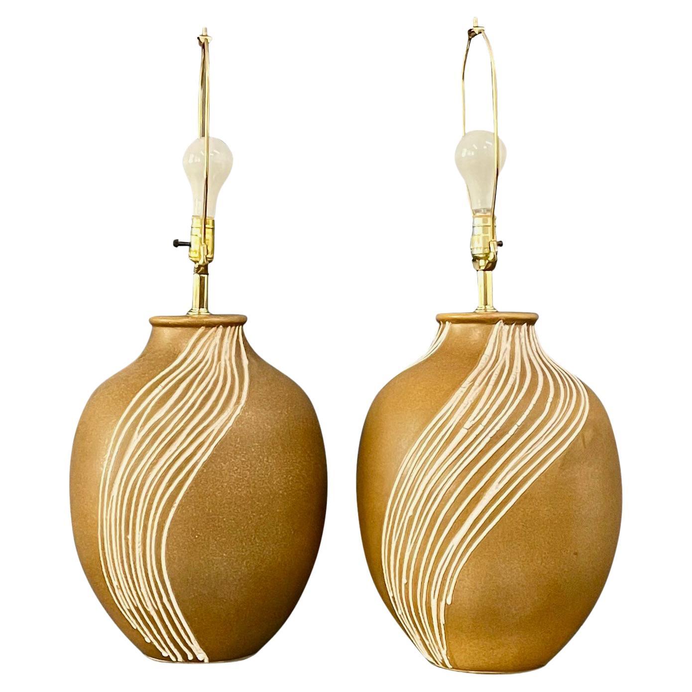 Mid Century Pair of Ceramic Caramel Colored Lamps with White Appliquéd Stripes For Sale