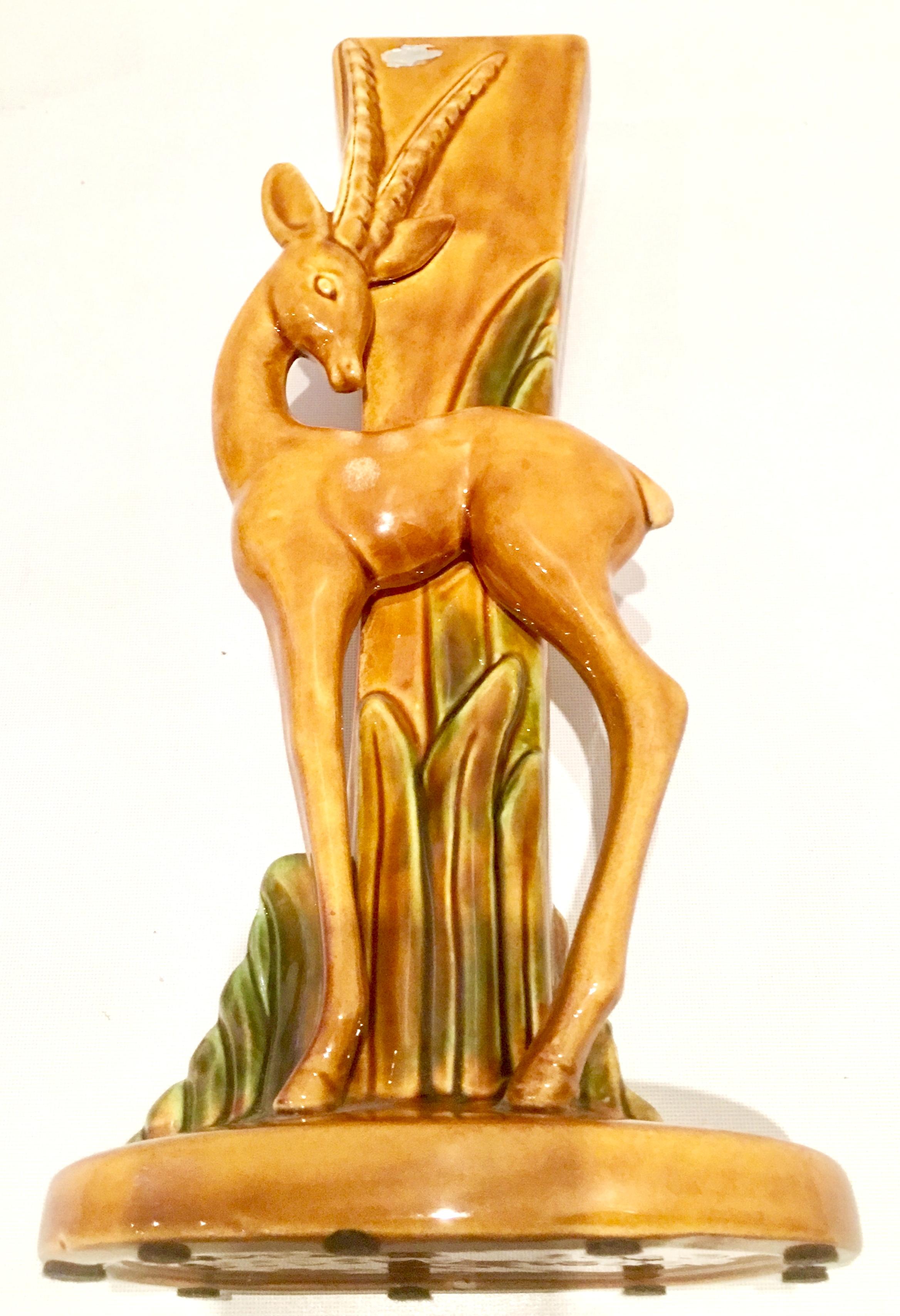 Glazed Mid-Century Pair of  Art Deco Ceramic Glaze Gazelle Vases By, Royal Haeger For Sale