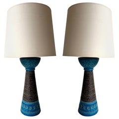 Mid-Century Pair of Ceramic Lamps Blue Rimini by Bitossi. Italy, 1970s