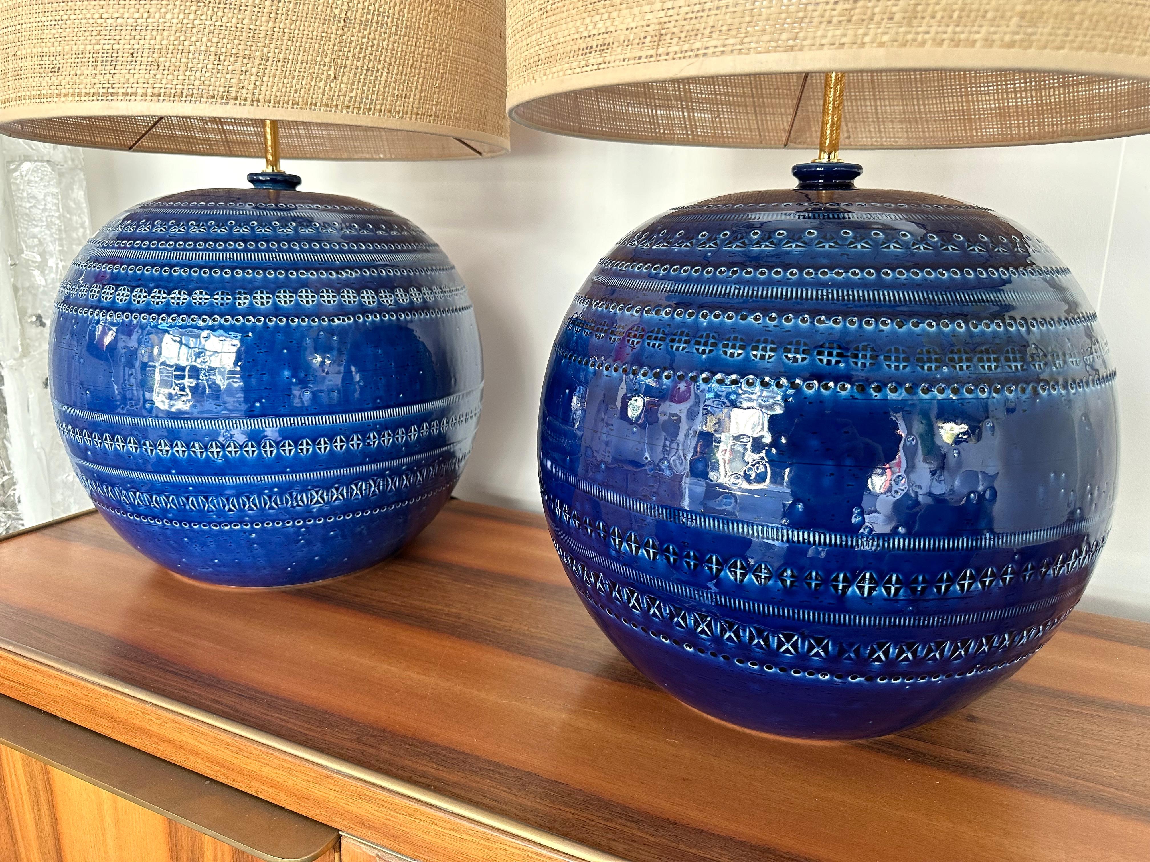Mid-Century Pair of Ceramic Lamps Blue Rimini by Bitossi. Italy, 1990s For Sale 3