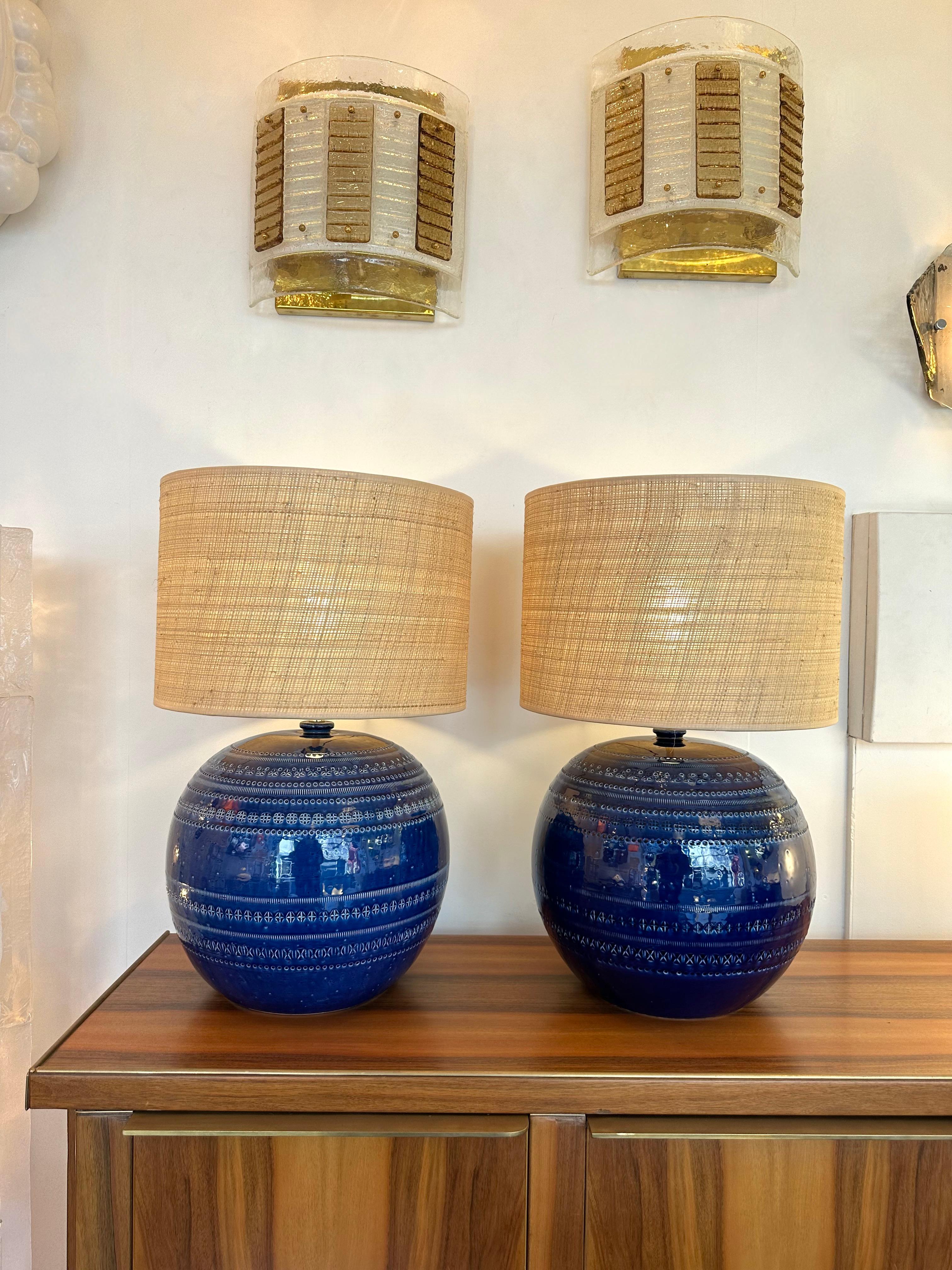 Late 20th Century Mid-Century Pair of Ceramic Lamps Blue Rimini by Bitossi. Italy, 1990s For Sale