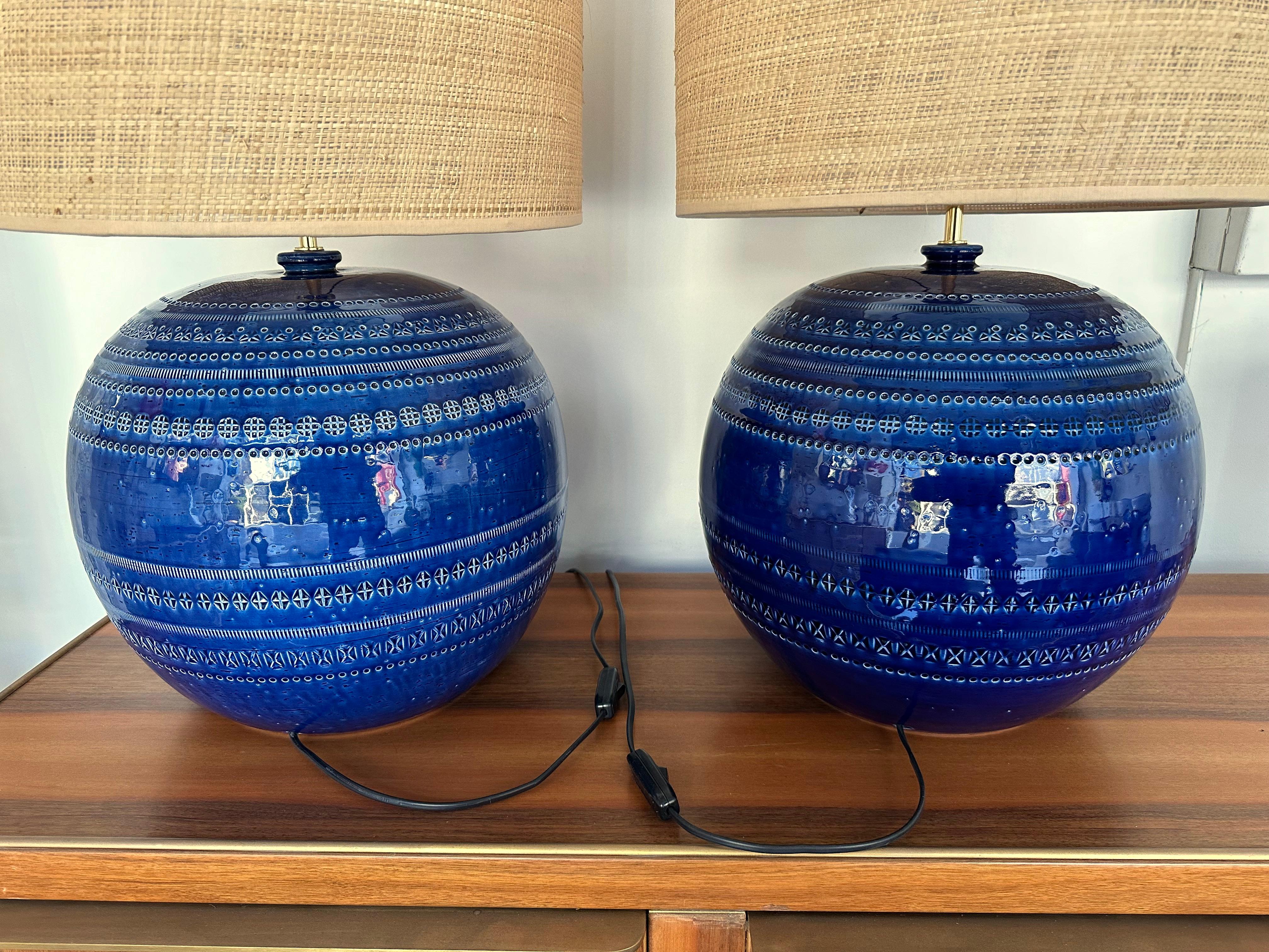 Brass Mid-Century Pair of Ceramic Lamps Blue Rimini by Bitossi. Italy, 1990s For Sale