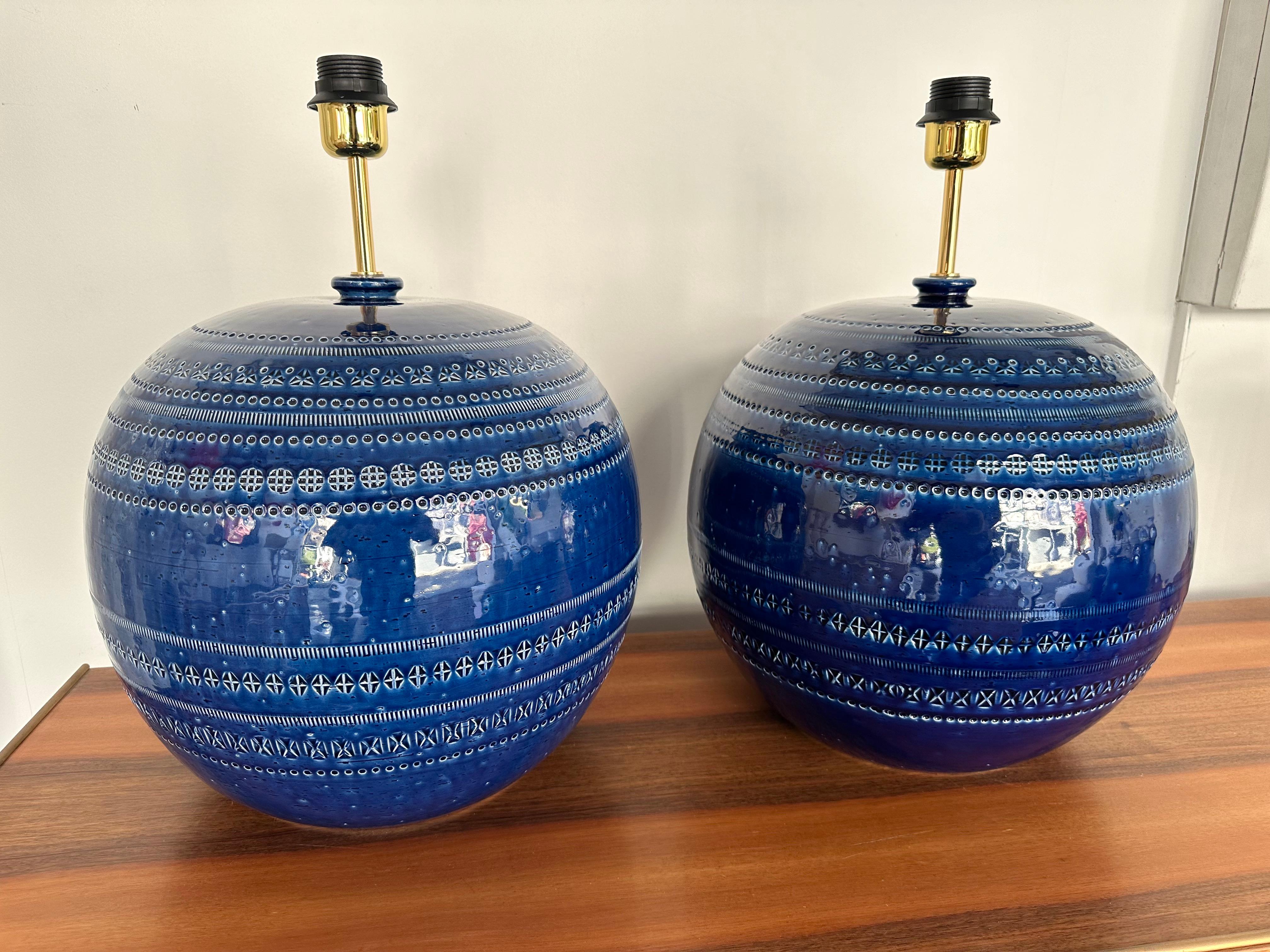 Mid-Century Pair of Ceramic Lamps Blue Rimini by Bitossi. Italy, 1990s For Sale 1