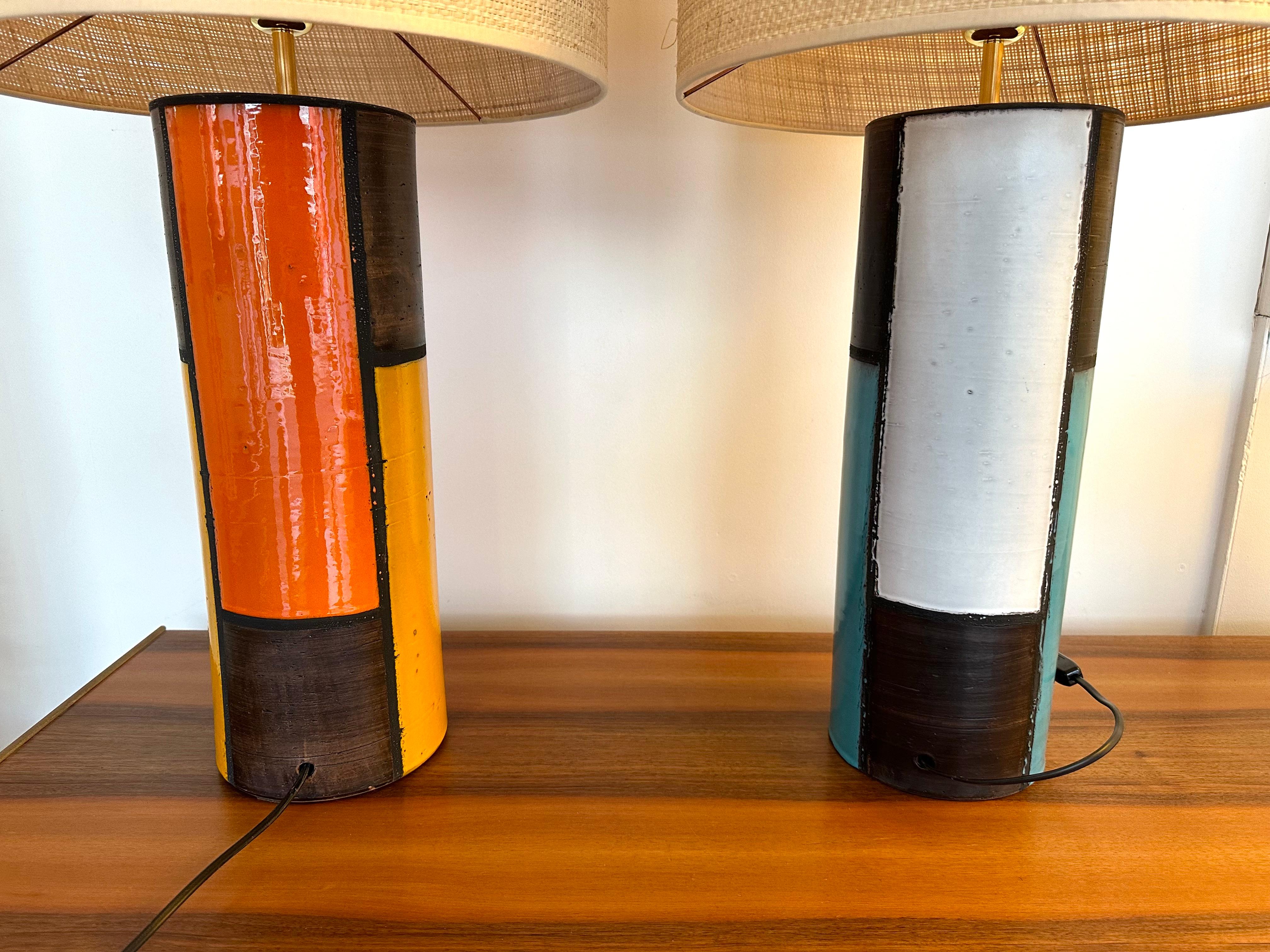 Mid-Century Pair of Ceramic Lamps Mondrian by Bitossi. Italy, 1990s For Sale 3