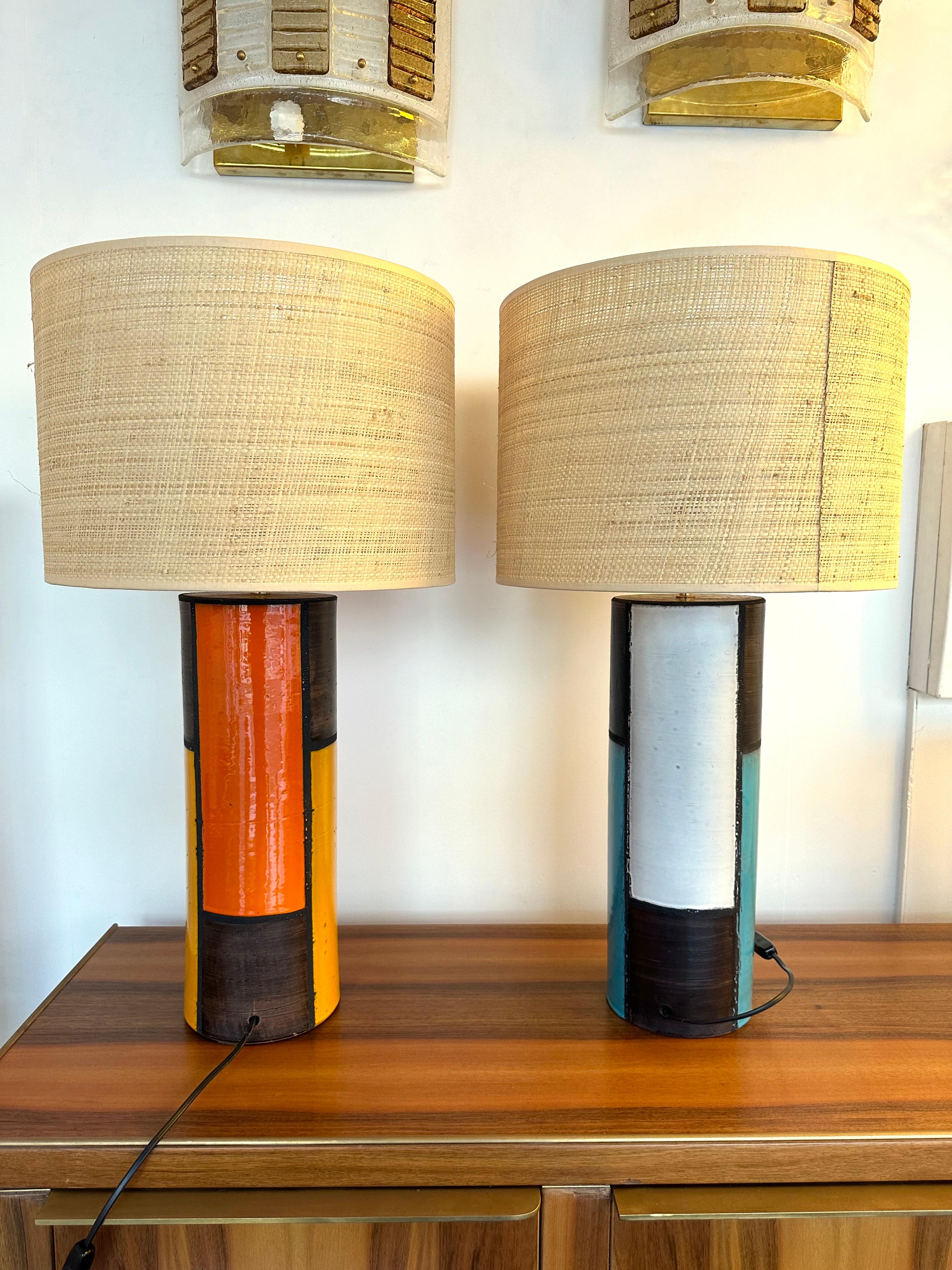 Mid-Century Pair of Ceramic Lamps Mondrian by Bitossi. Italy, 1990s For Sale 6