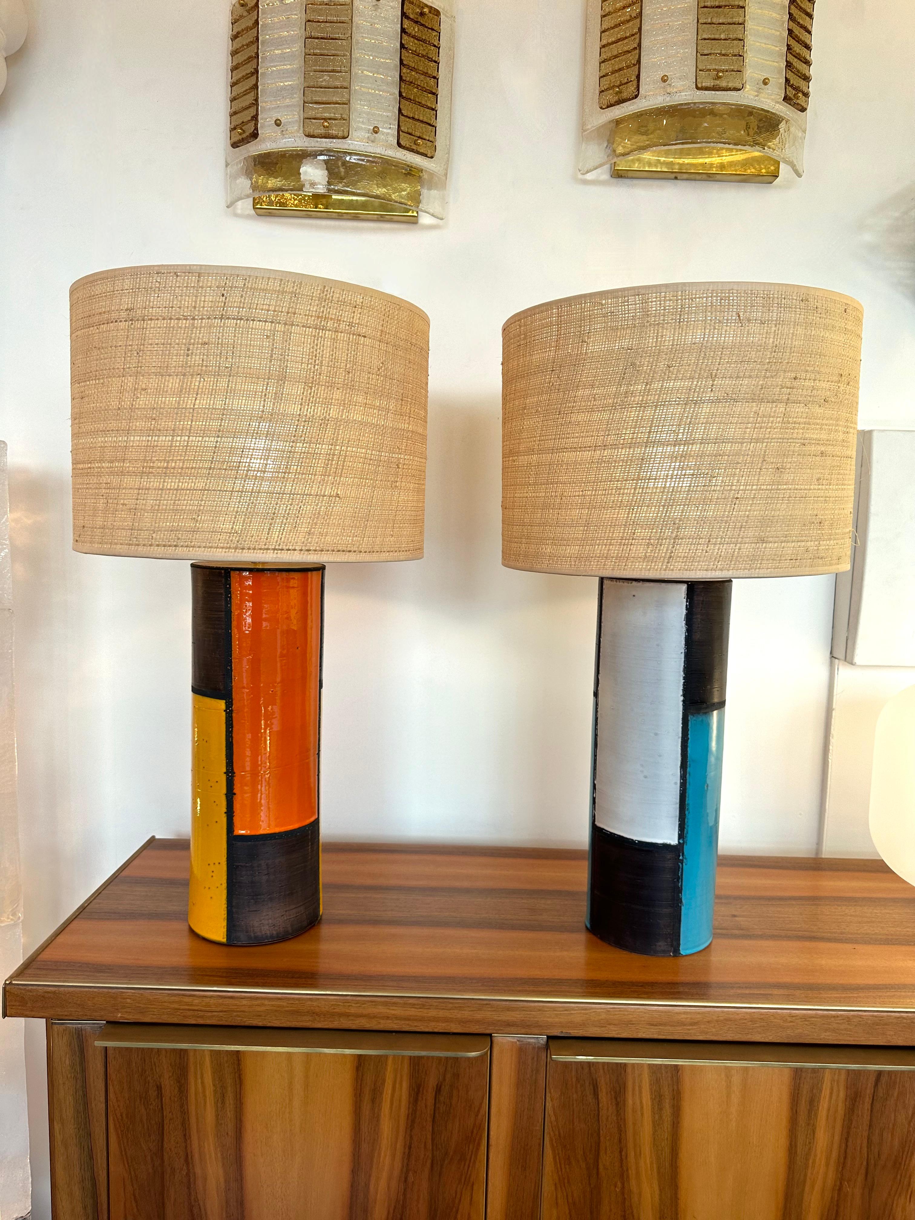 Enameled Mid-Century Pair of Ceramic Lamps Mondrian by Bitossi. Italy, 1990s For Sale