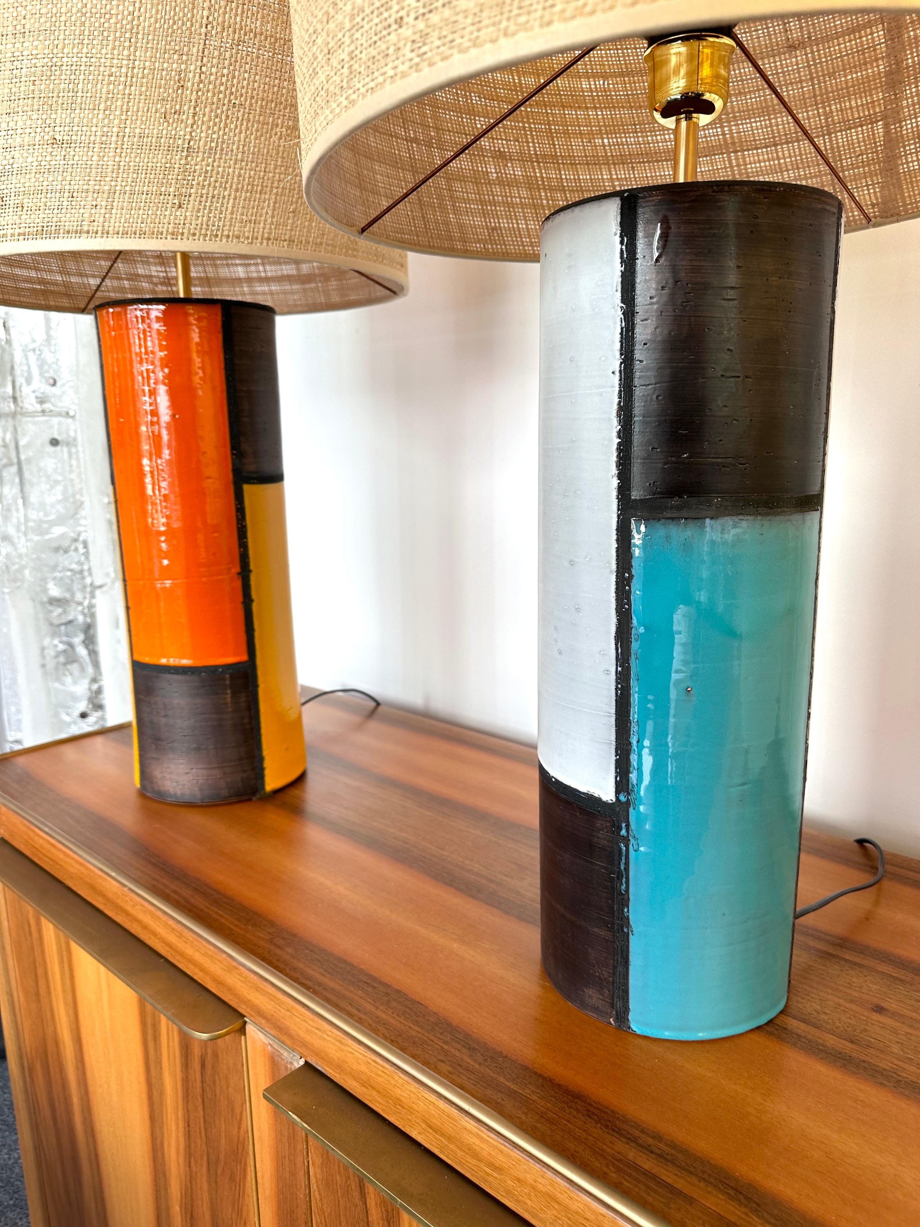 Mid-Century Pair of Ceramic Lamps Mondrian by Bitossi. Italy, 1990s In Good Condition For Sale In SAINT-OUEN, FR