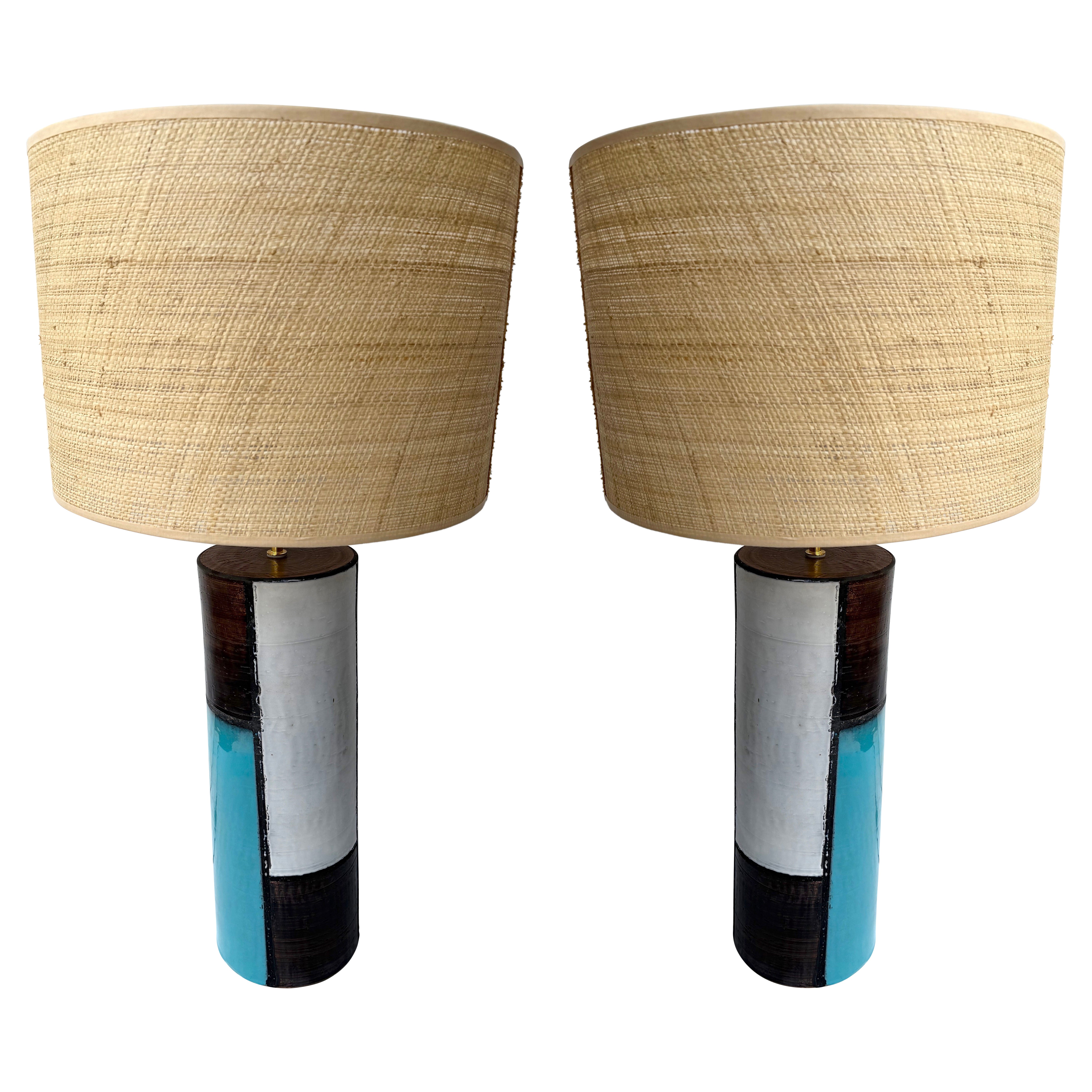 Mid-Century Pair of Ceramic Lamps Mondrian by Bitossi. Italy, 1990s