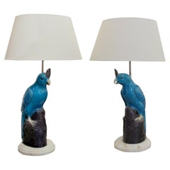 Mid-century Pair of Ceramic Parrot Table lamps with White Marble Base, Italian