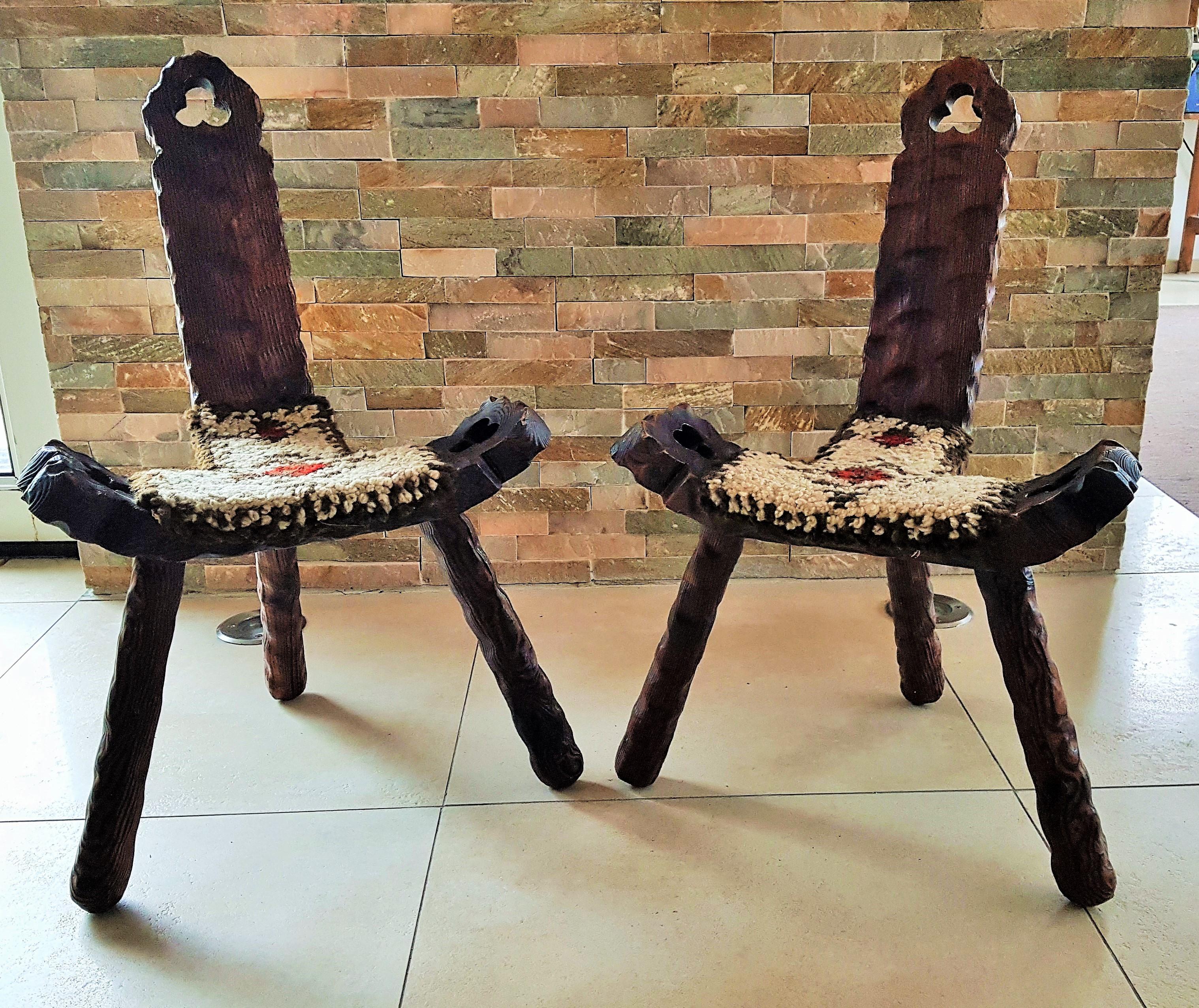 Midcentury Pair of Chairs Stools Minimal Rustic Primitive For Sale 1