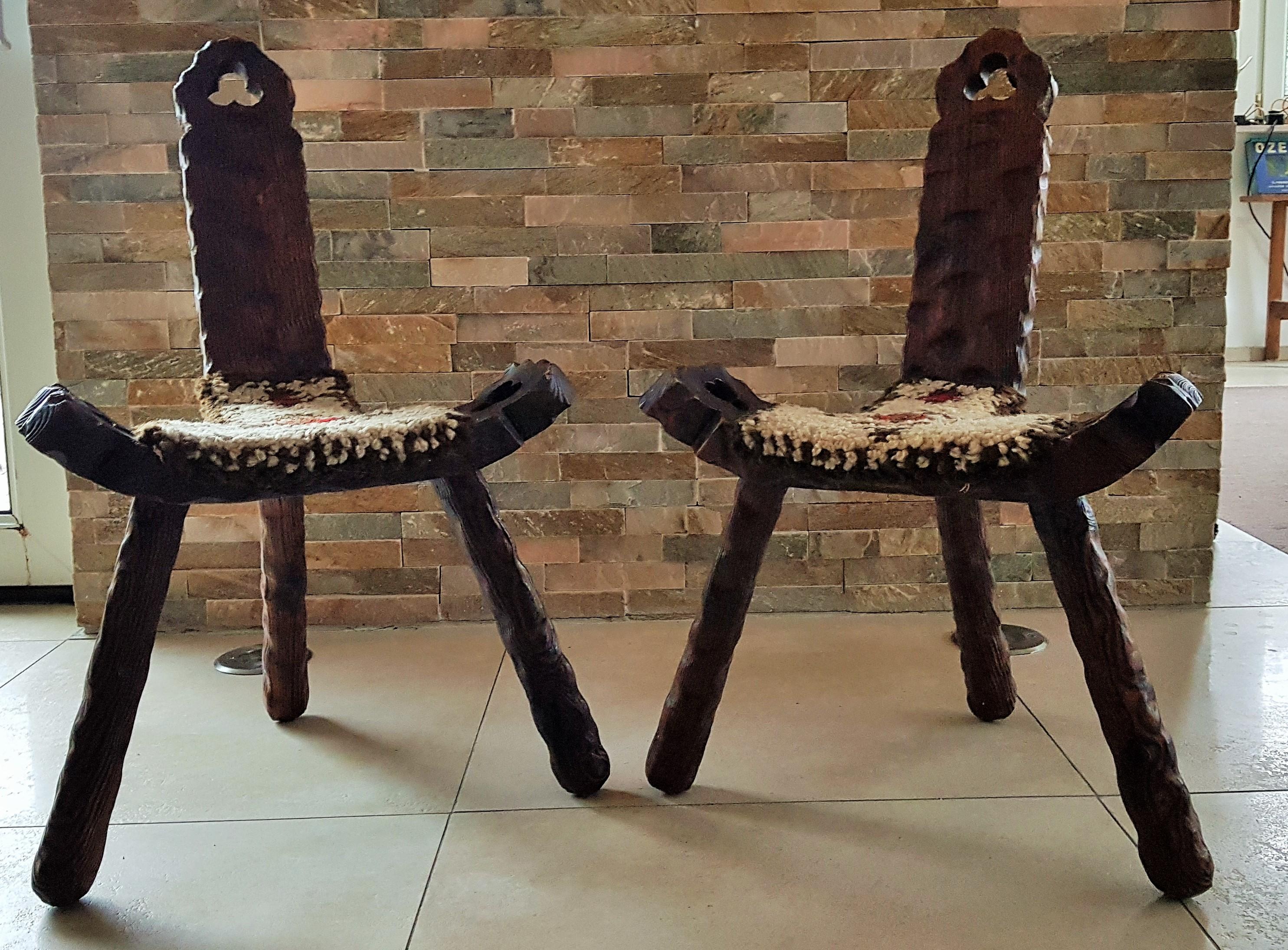 Midcentury Pair of Chairs Stools Minimal Rustic Primitive For Sale 2