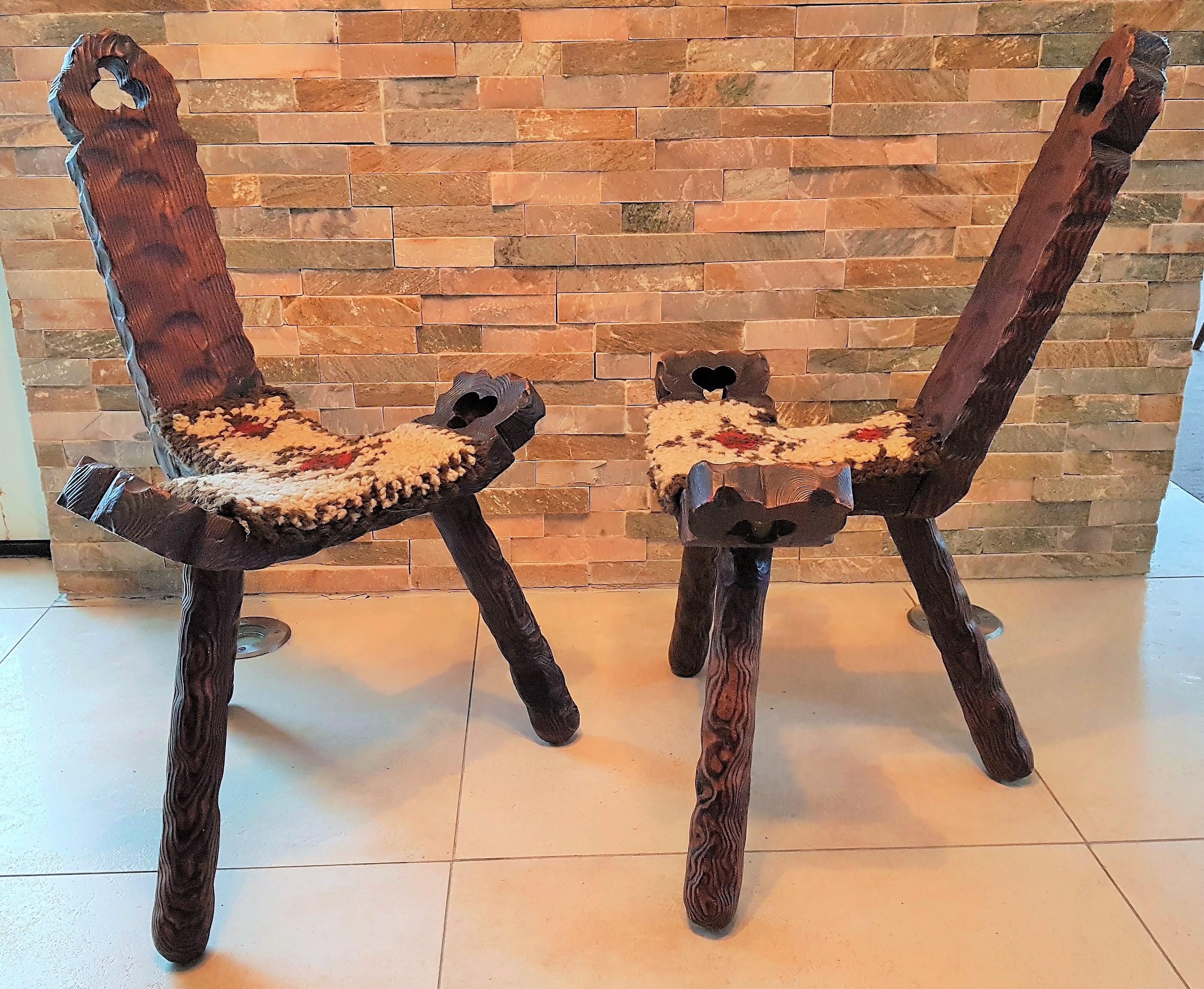 Midcentury Pair of Chairs Stools Minimal Rustic Primitive For Sale 3