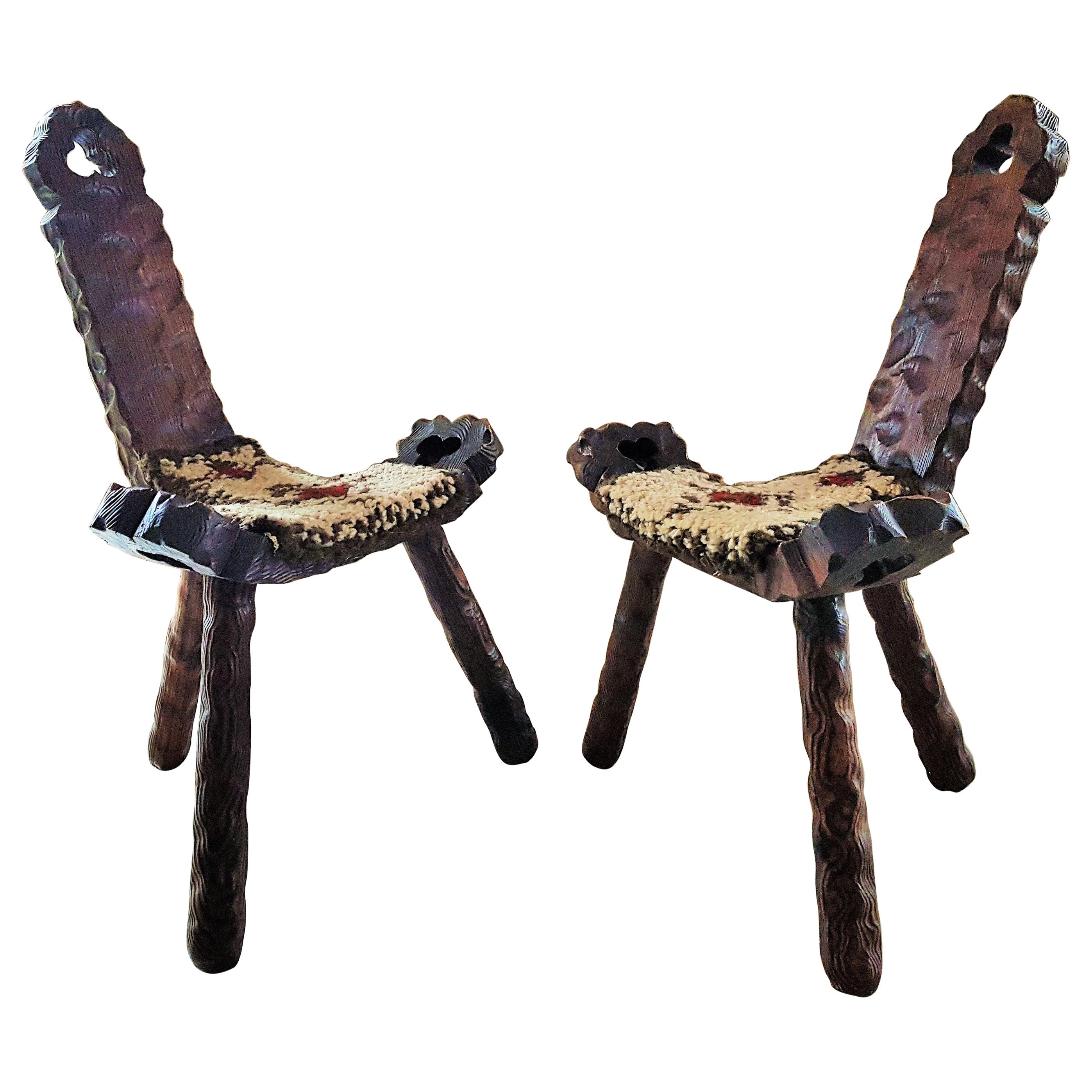 Midcentury Pair of Chairs Stools Minimal Rustic Primitive For Sale