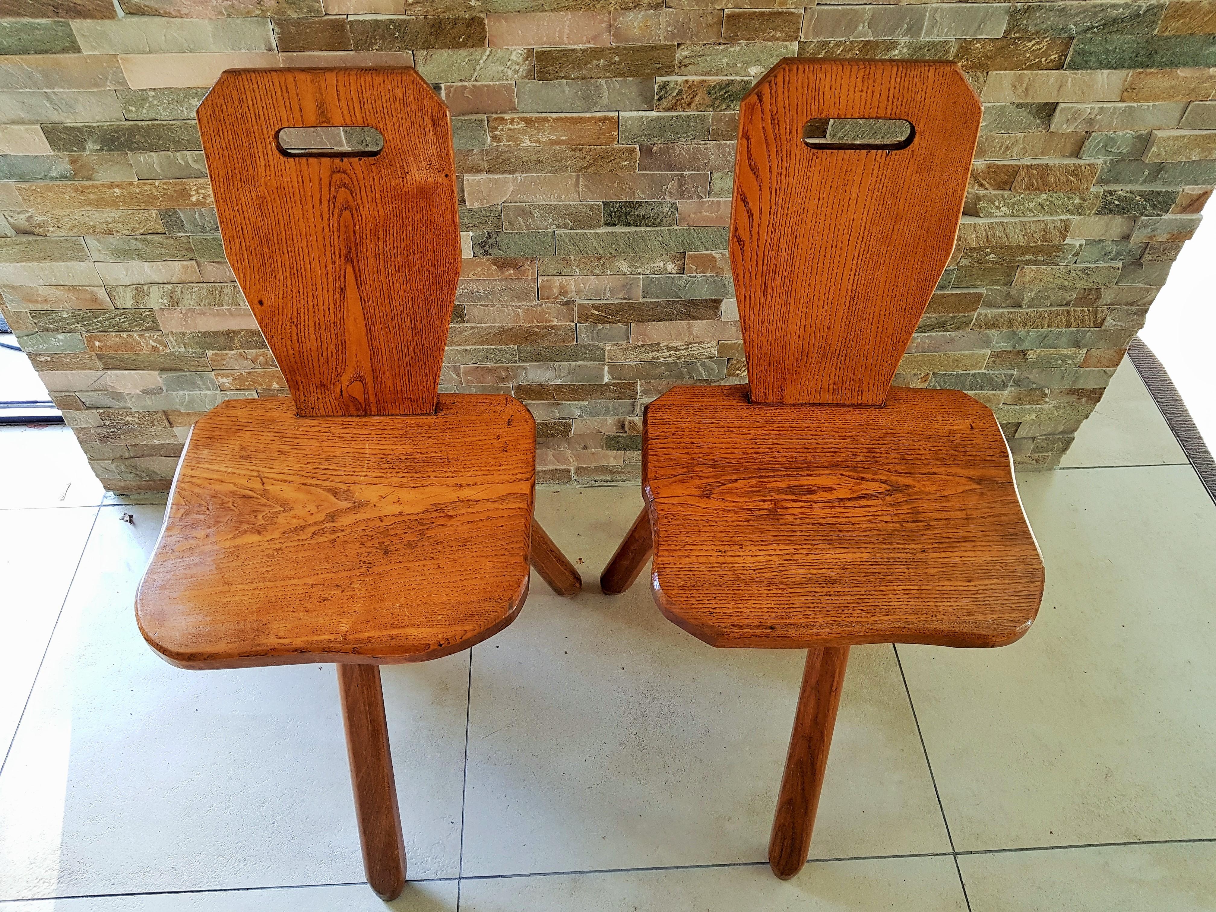 Midcentury primitive rustic Pair of Chairs Stools Style Perriand Les Arcs, 1950s For Sale 3