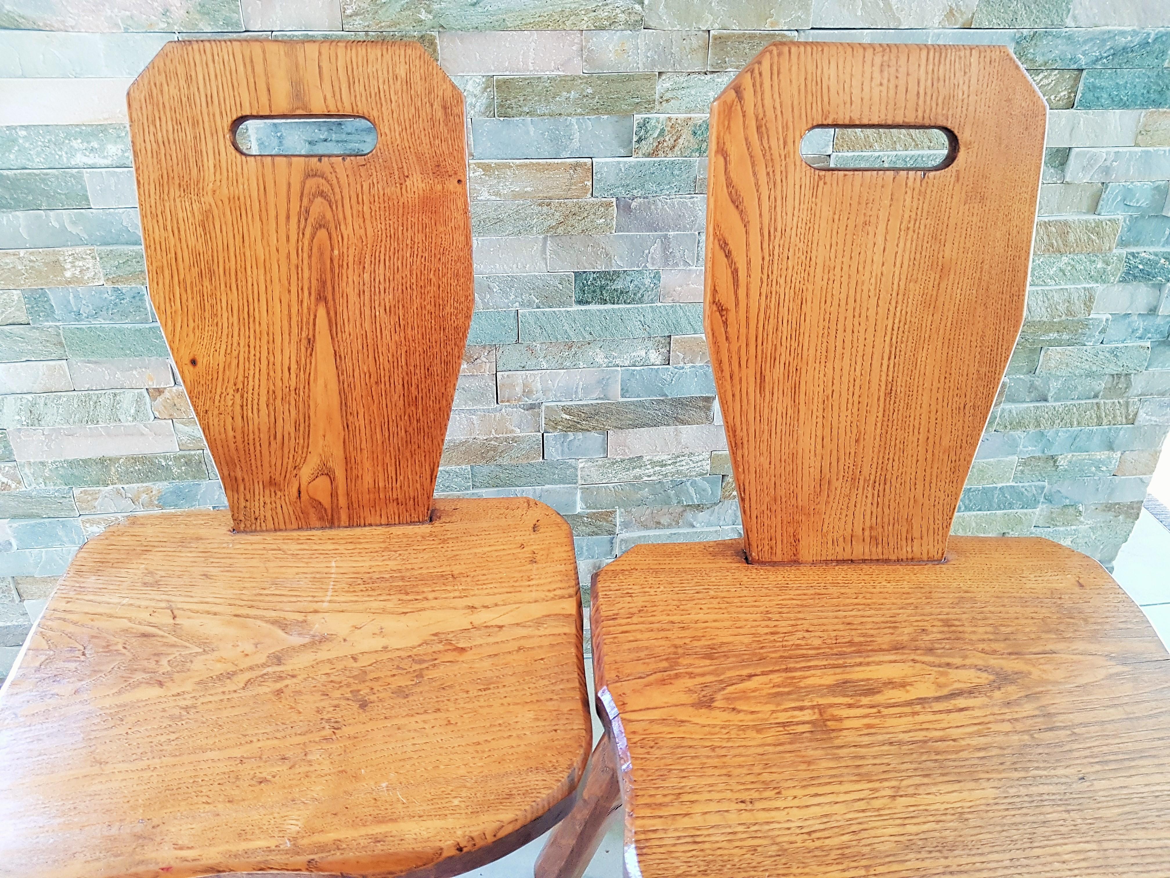 Hand-Carved Midcentury primitive rustic Pair of Chairs Stools Style Perriand Les Arcs, 1950s For Sale