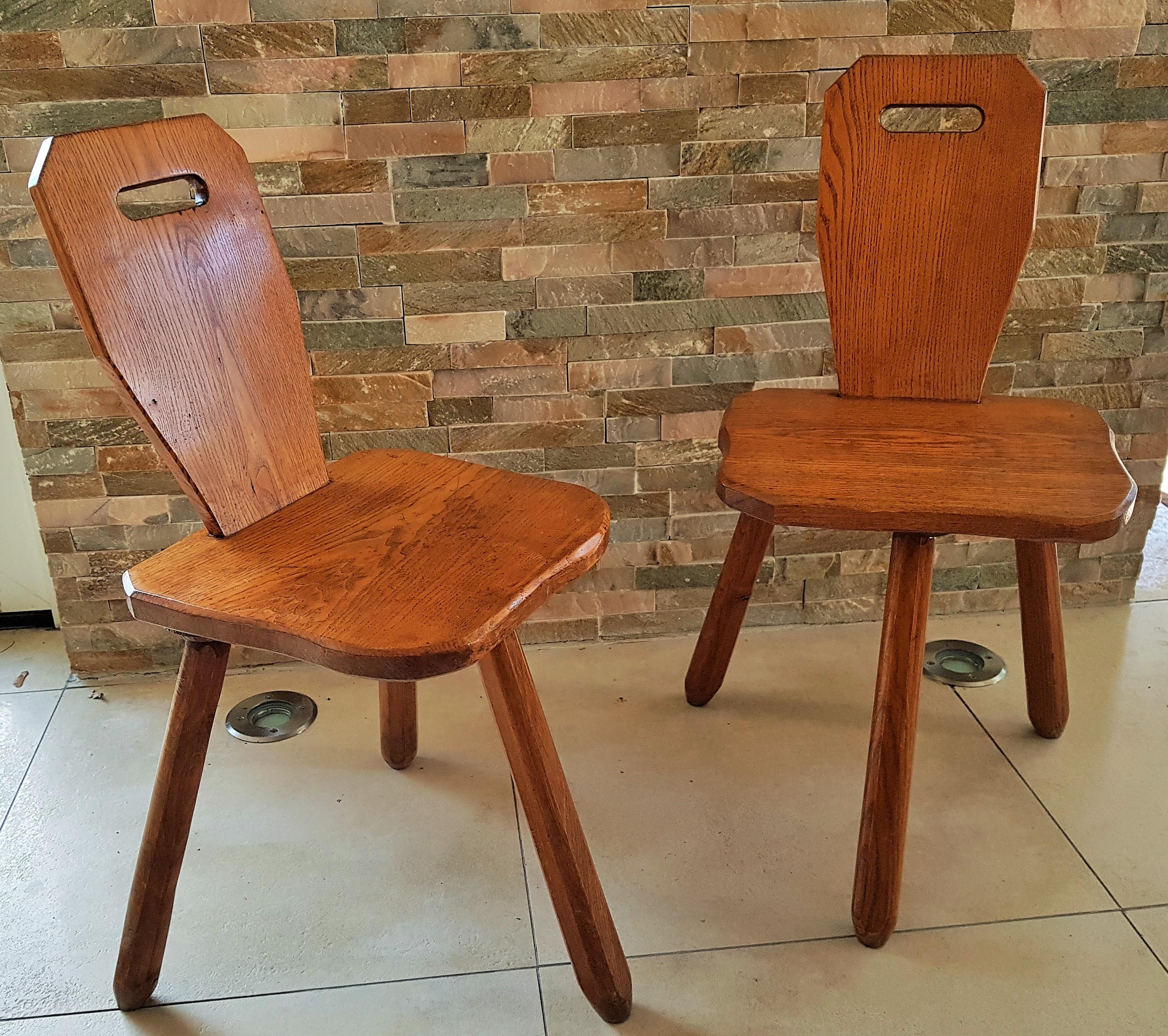 Midcentury primitive rustic Pair of Chairs Stools Style Perriand Les Arcs, 1950s For Sale 1