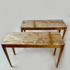 Mid Century Pair of Cherry Wood & "Broccatello" Yellow Siena Marble Consoles