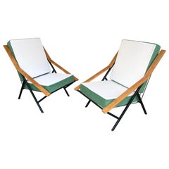 Mid Century Pair of Compas Armchairs Lacquered Metal and Wood, Italy, 1950s
