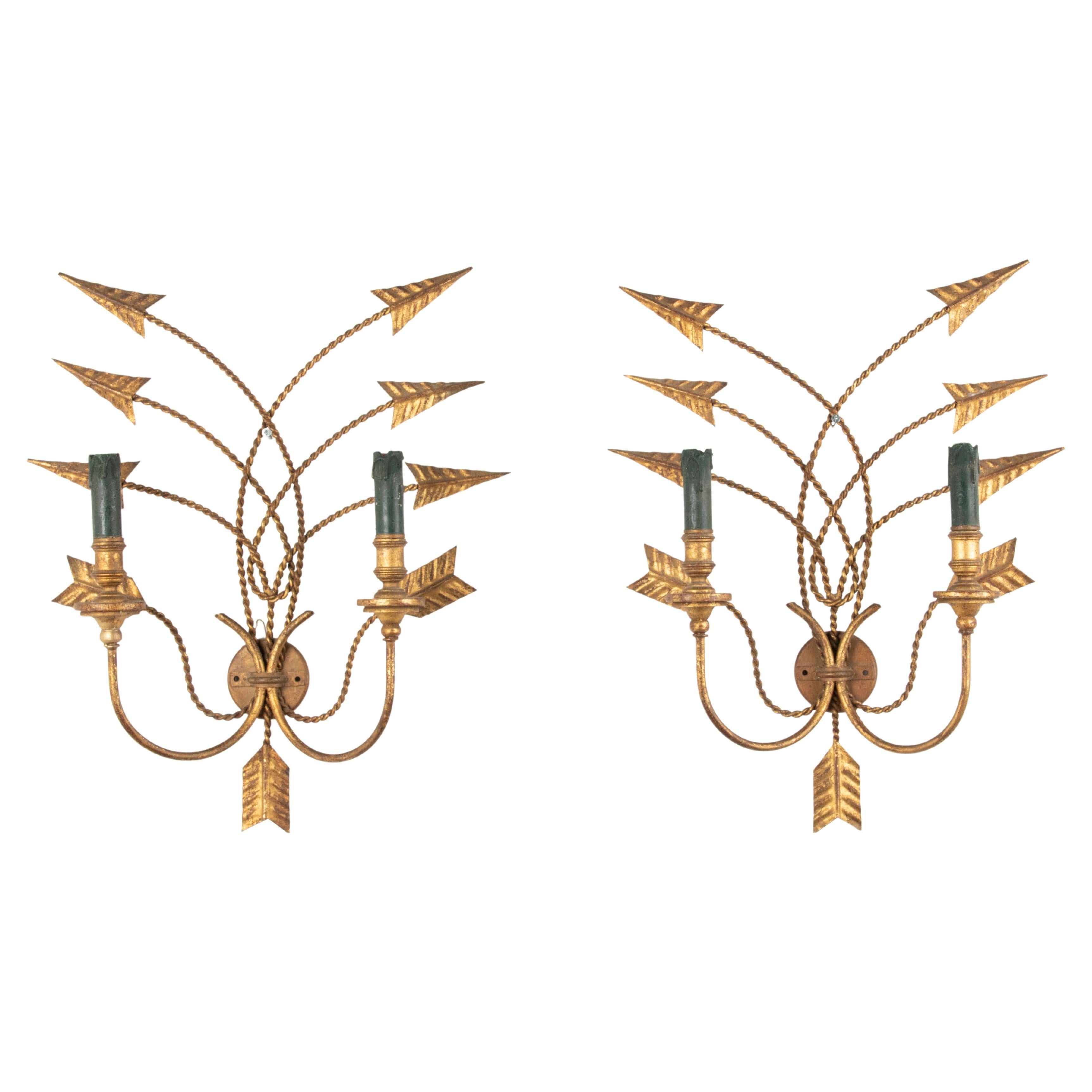 Mid-Century Pair of Copper Wall Sconces with Arrows For Sale