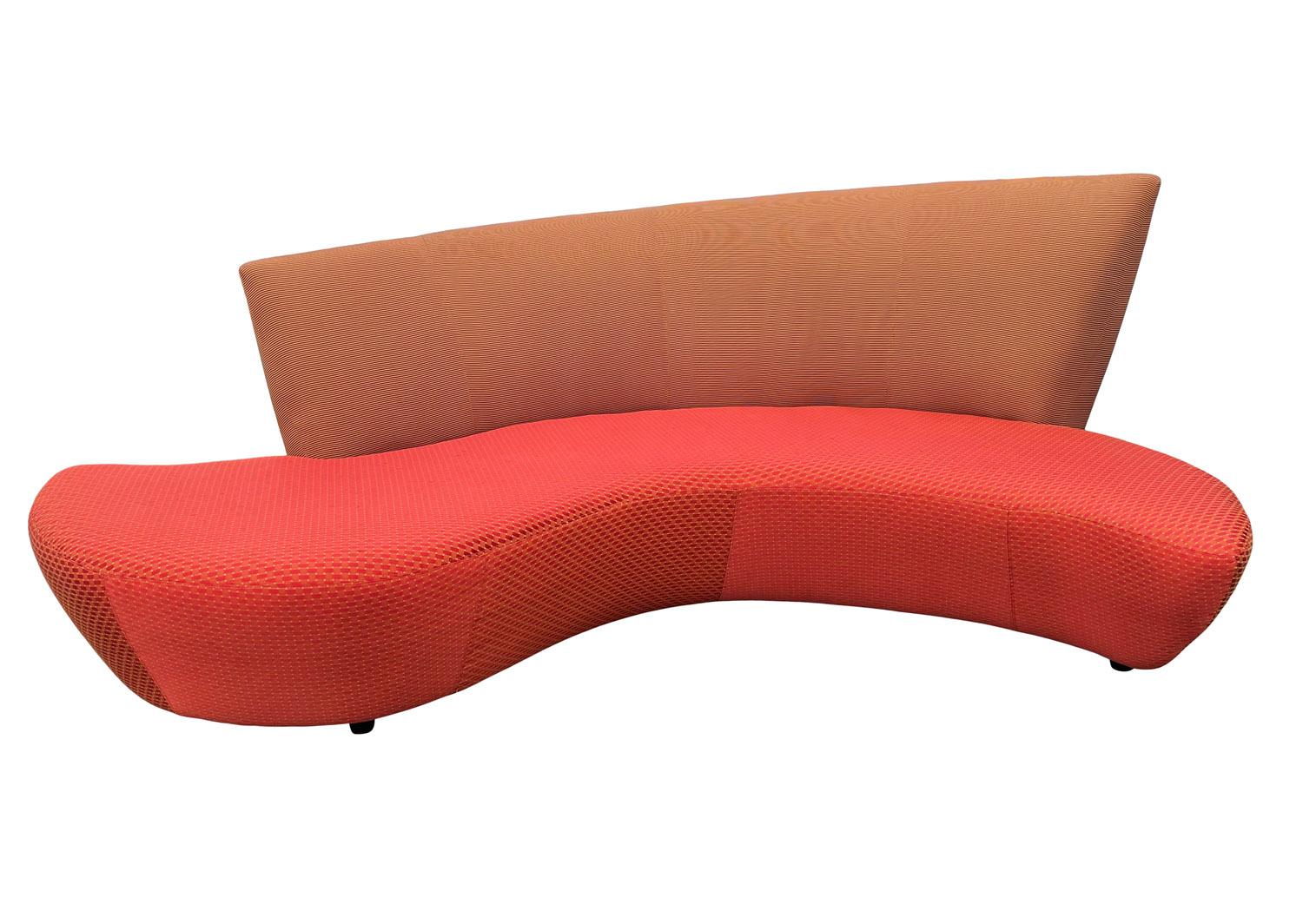 A sculptural matching pair of sofas designed by Vladimir Kagan, and produced by Preview in the 1980s. These feature their original custom upholstery in very good ready to use condition. Price includes the pair.