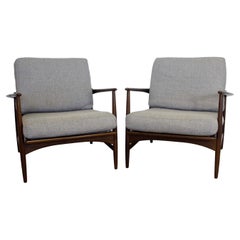 Mid Century Pair of Danish Kofod Larsen for Selig Walnut Wood Lounge Armchairs