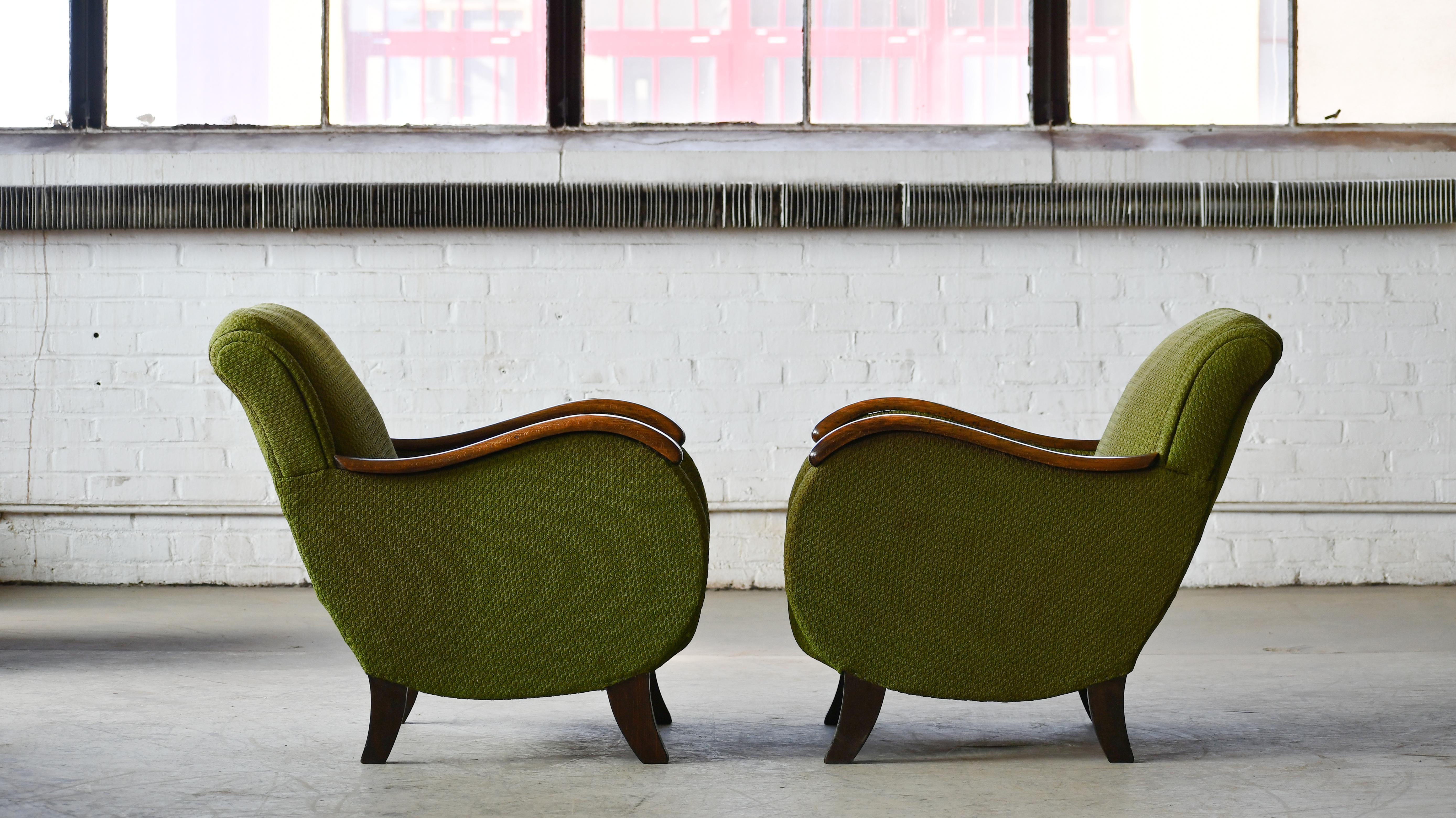 Mid-century Pair of Danish Lounge Chairs with Carved Wood Armrests, 1940s 4