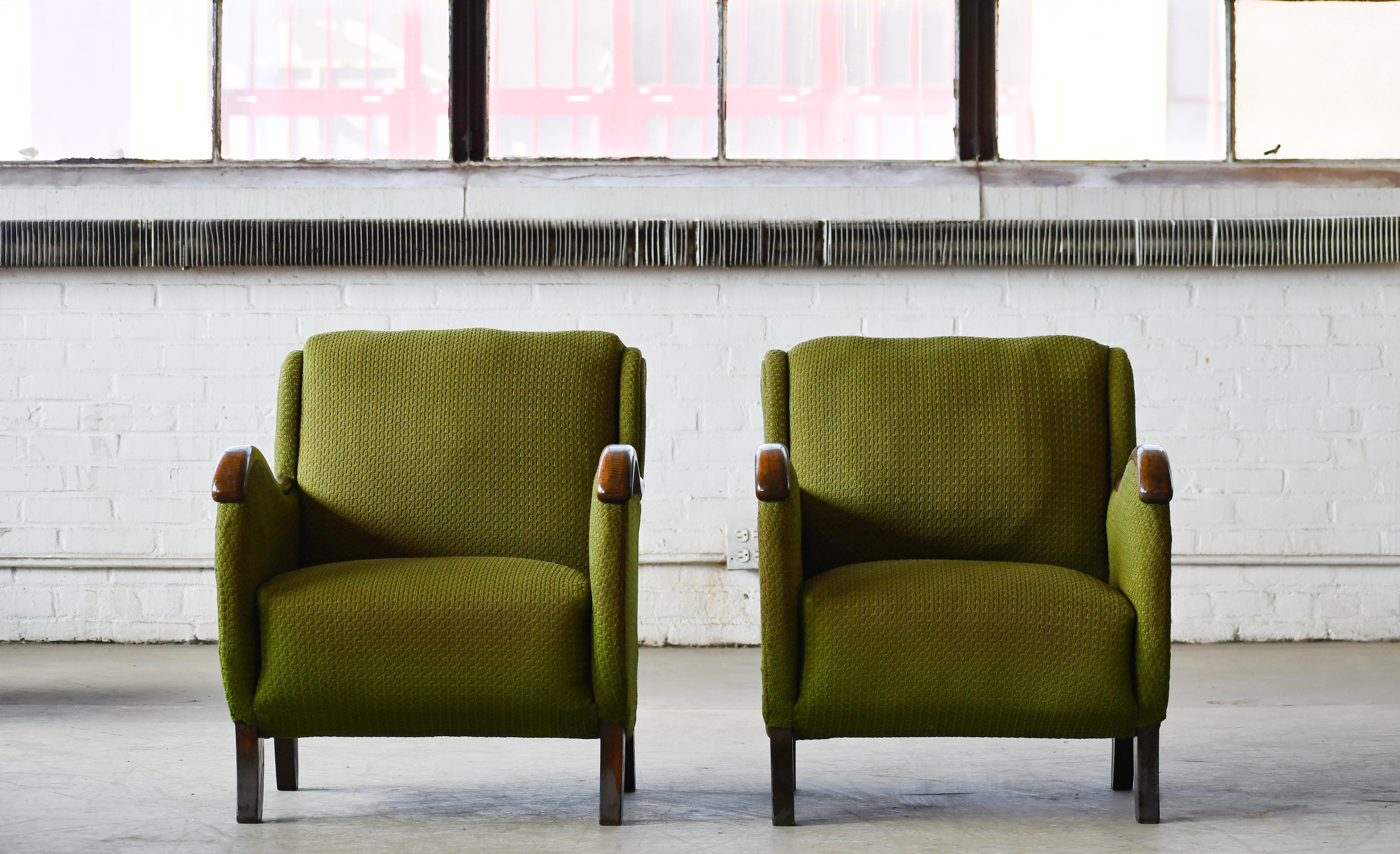 Mid-Century Modern Mid-century Pair of Danish Lounge Chairs with Carved Wood Armrests, 1940s
