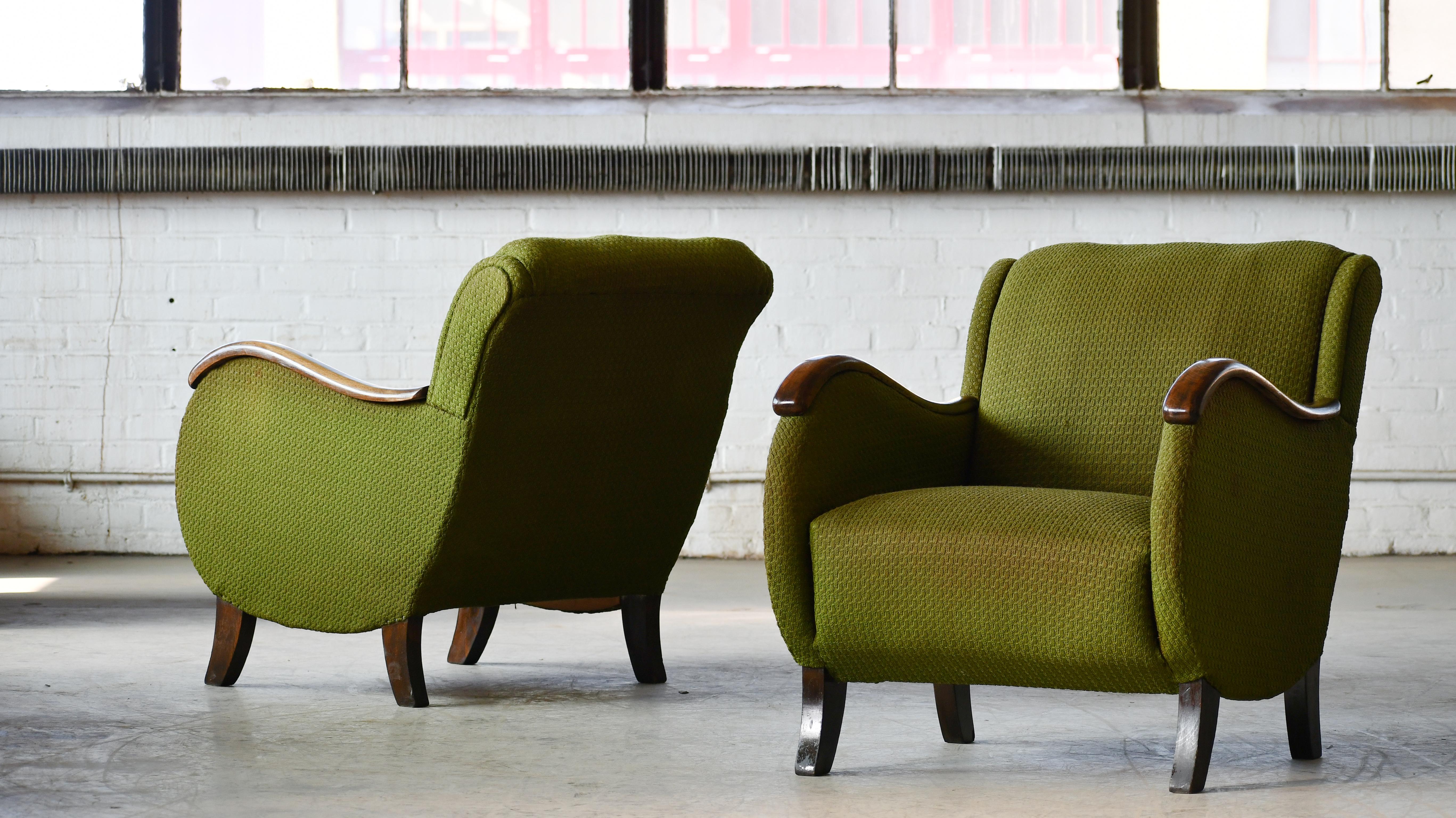 Mid-century Pair of Danish Lounge Chairs with Carved Wood Armrests, 1940s 2