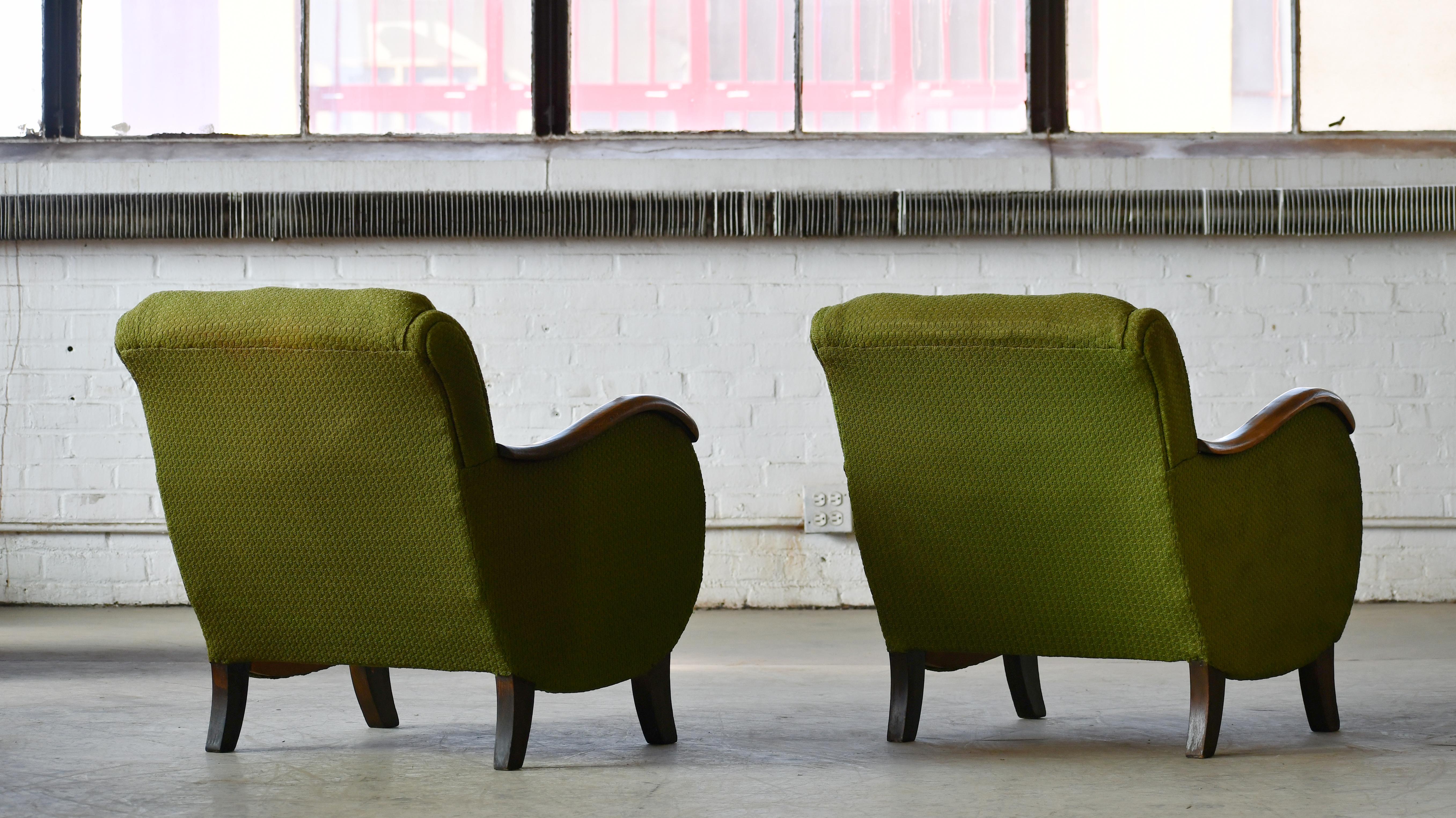 Mid-century Pair of Danish Lounge Chairs with Carved Wood Armrests, 1940s 3