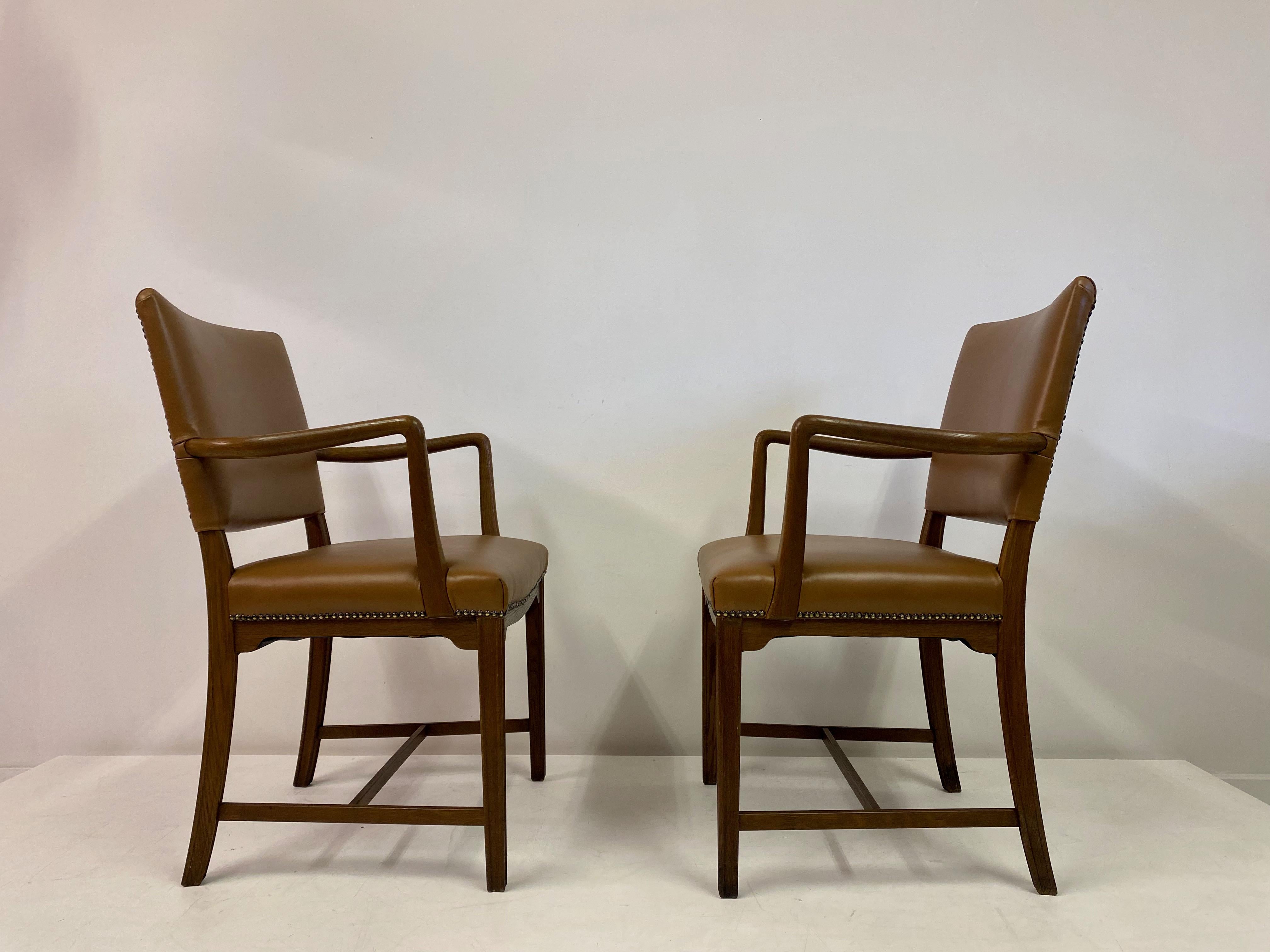 Mid Century Pair of Danish Oak and Leather Armchairs 1