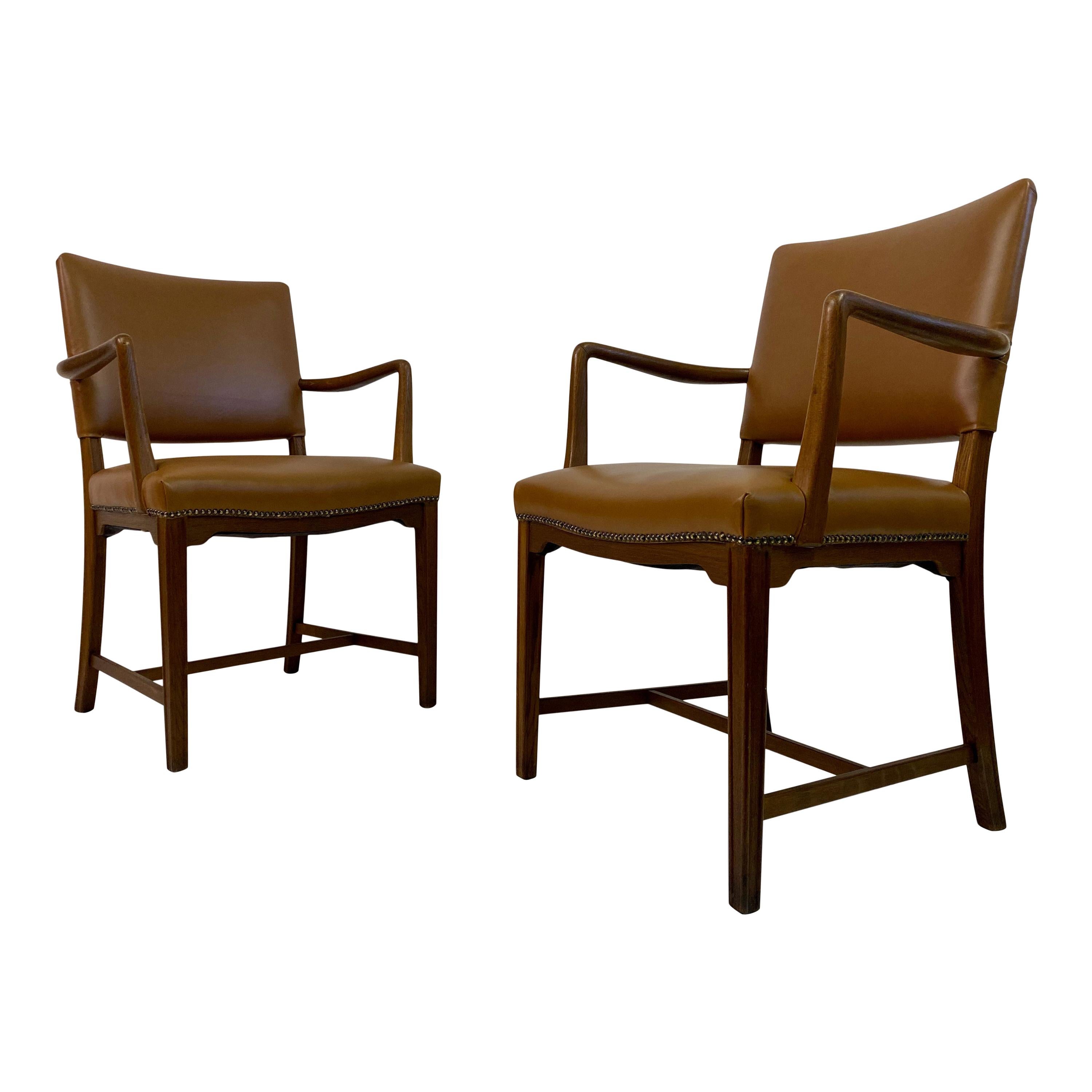 Mid Century Pair of Danish Oak and Leather Armchairs