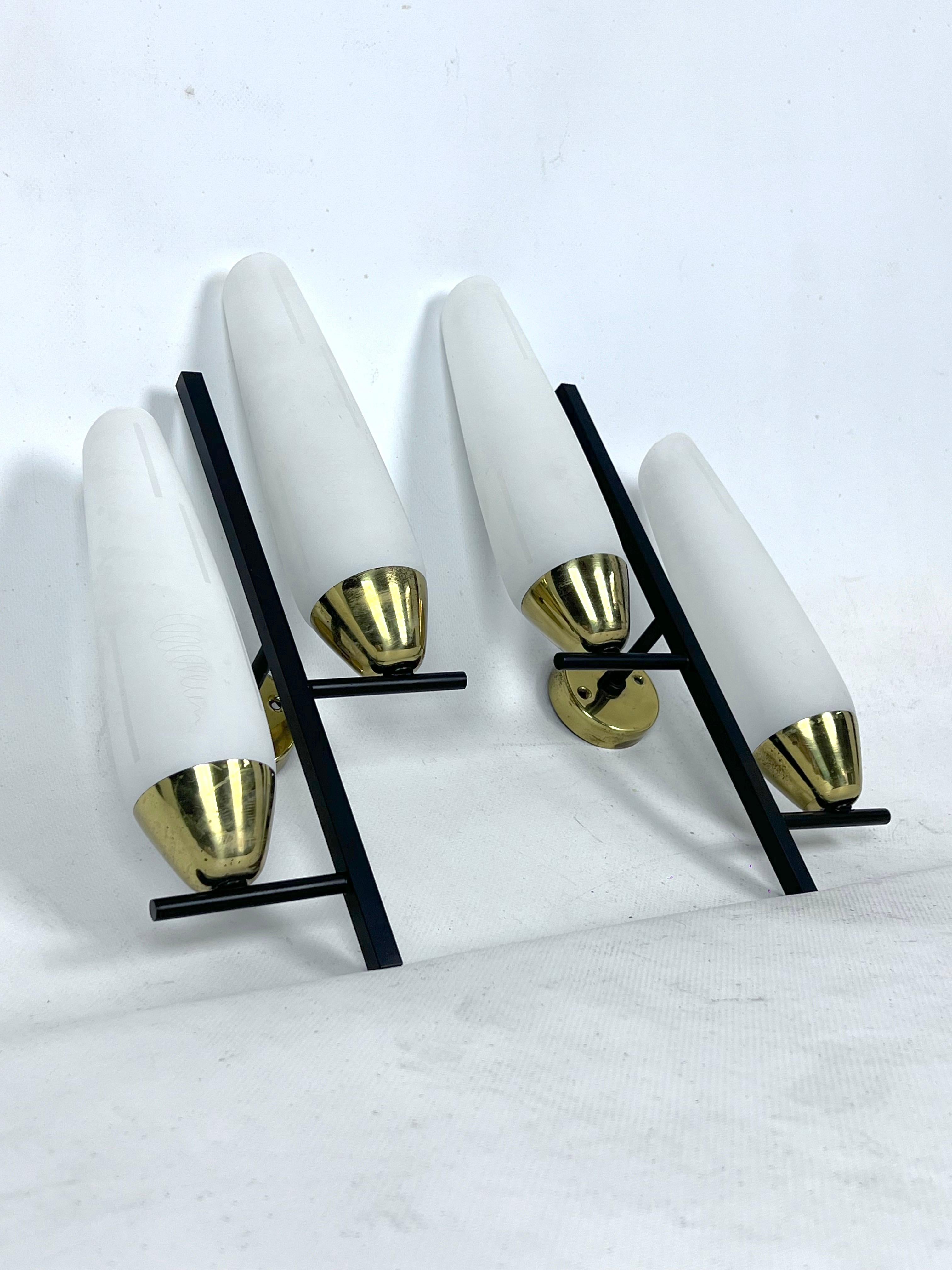 Mid-Century Modern Mid-Century pair of double lights sconces in brass and opaline glass. Italy 1950 For Sale