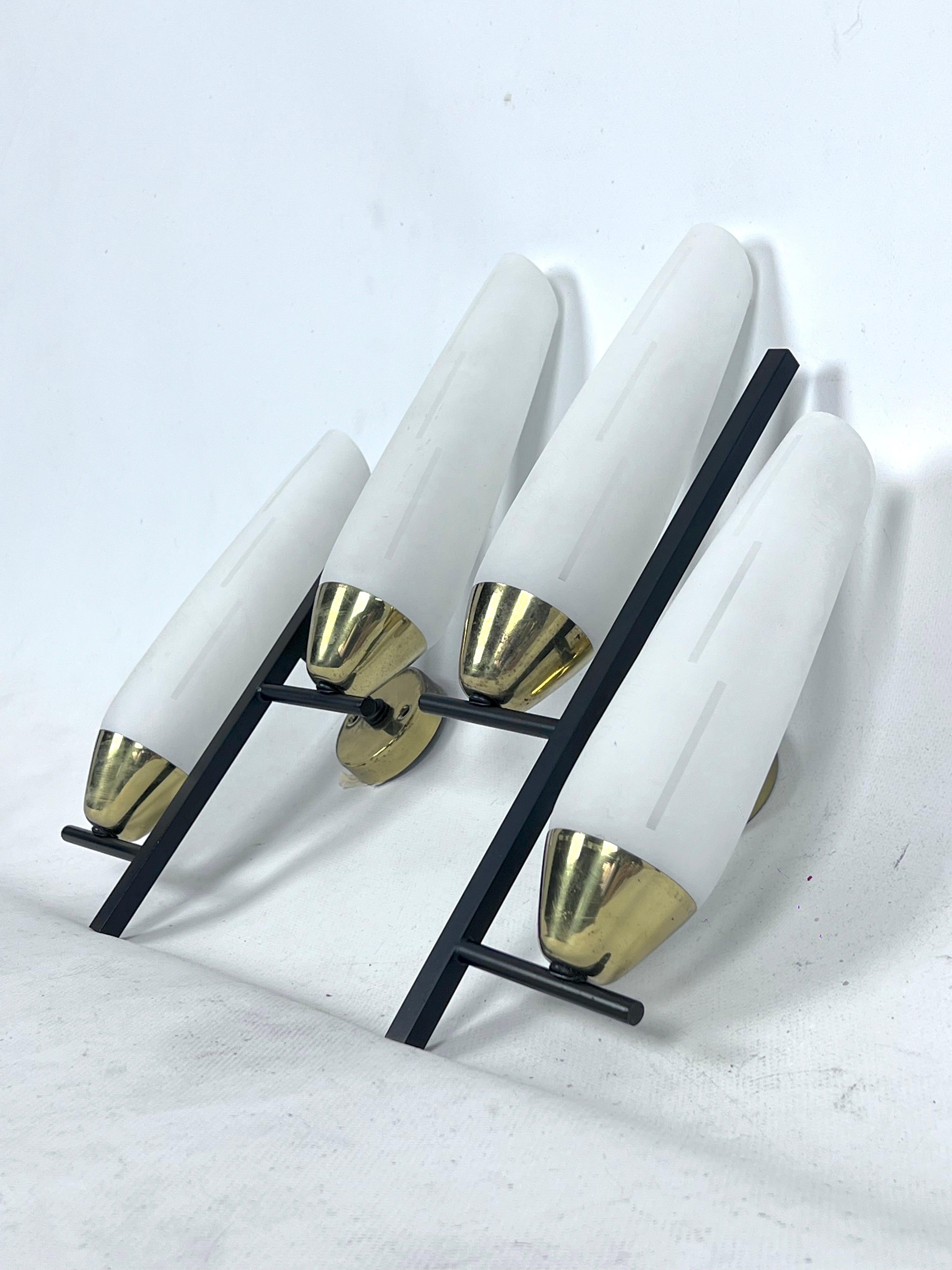 Italian Mid-Century pair of double lights sconces in brass and opaline glass. Italy 1950 For Sale