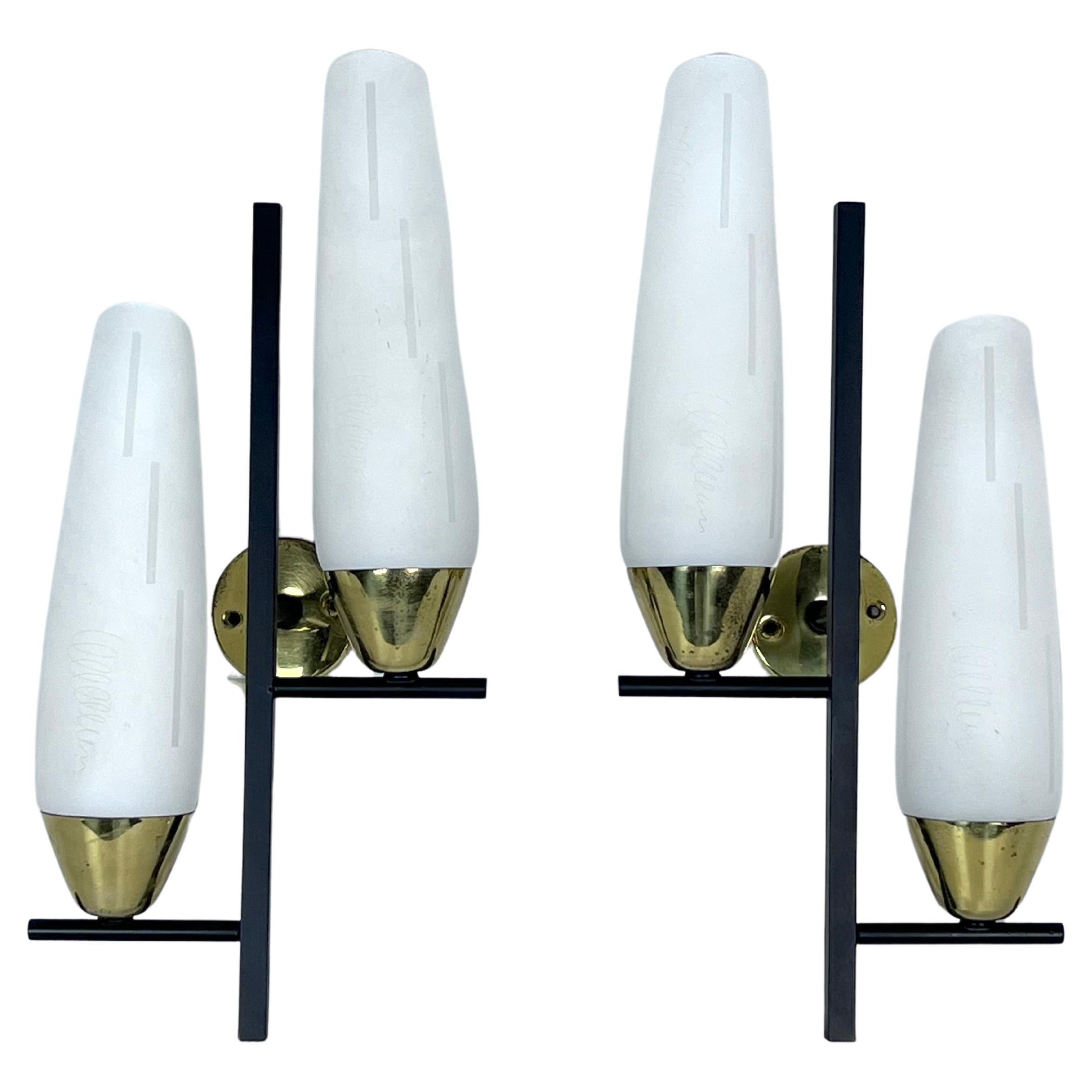 Mid-Century pair of double lights sconces in brass and opaline glass. Italy 1950 For Sale