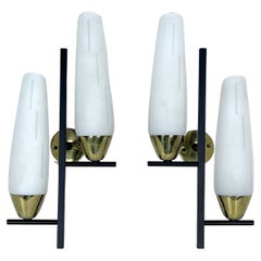 Mid-Century pair of double lights sconces in brass and opaline glass. Italy 1950