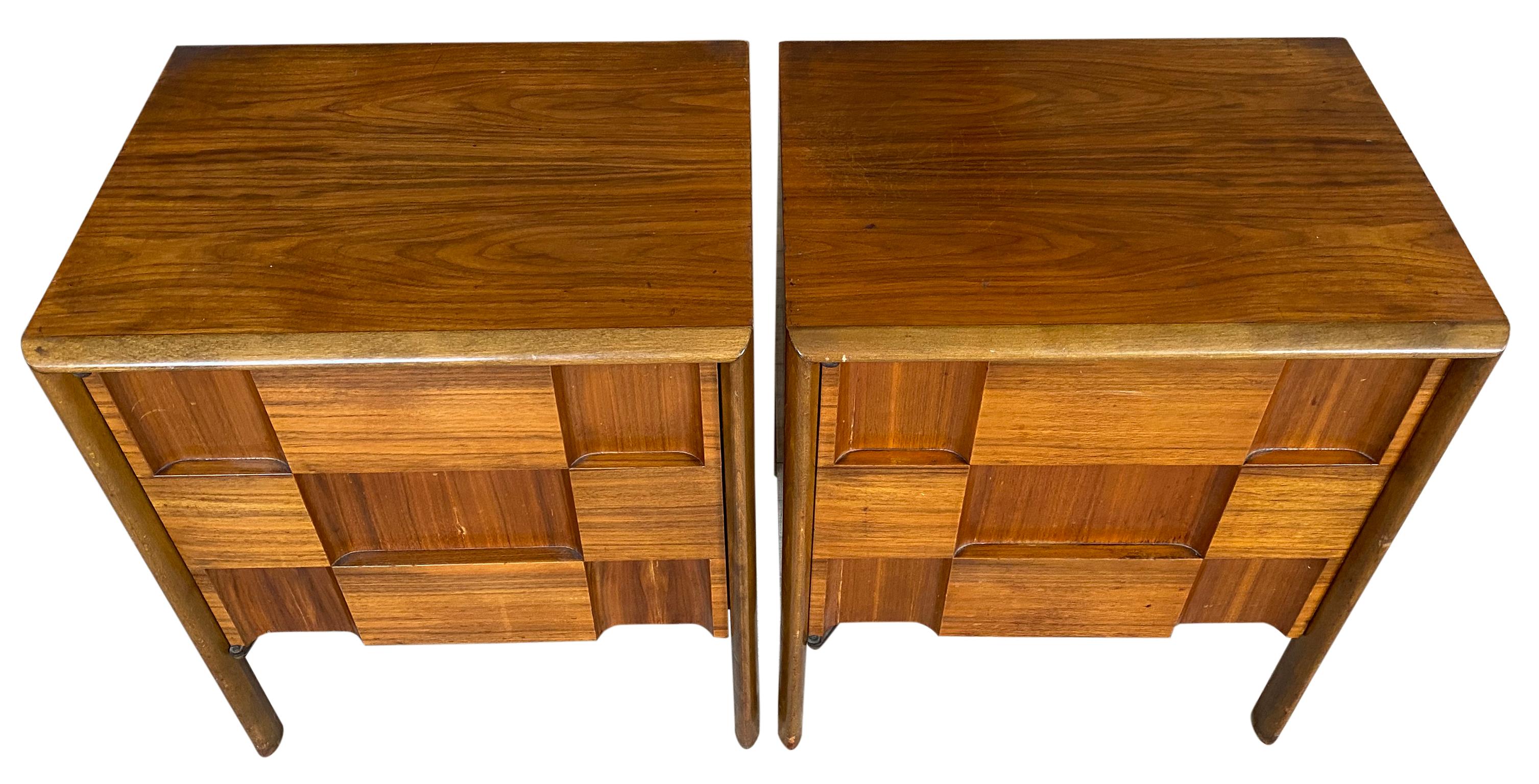 Beautiful pair of Edmond Spence checkerboard nightstands. Great wood tones with very detailed brass hardware great patina. Made in Sweden - Each nightstand has (1) door that swings open with (1) Adjustable shelf inside with 4 shelf pins. All