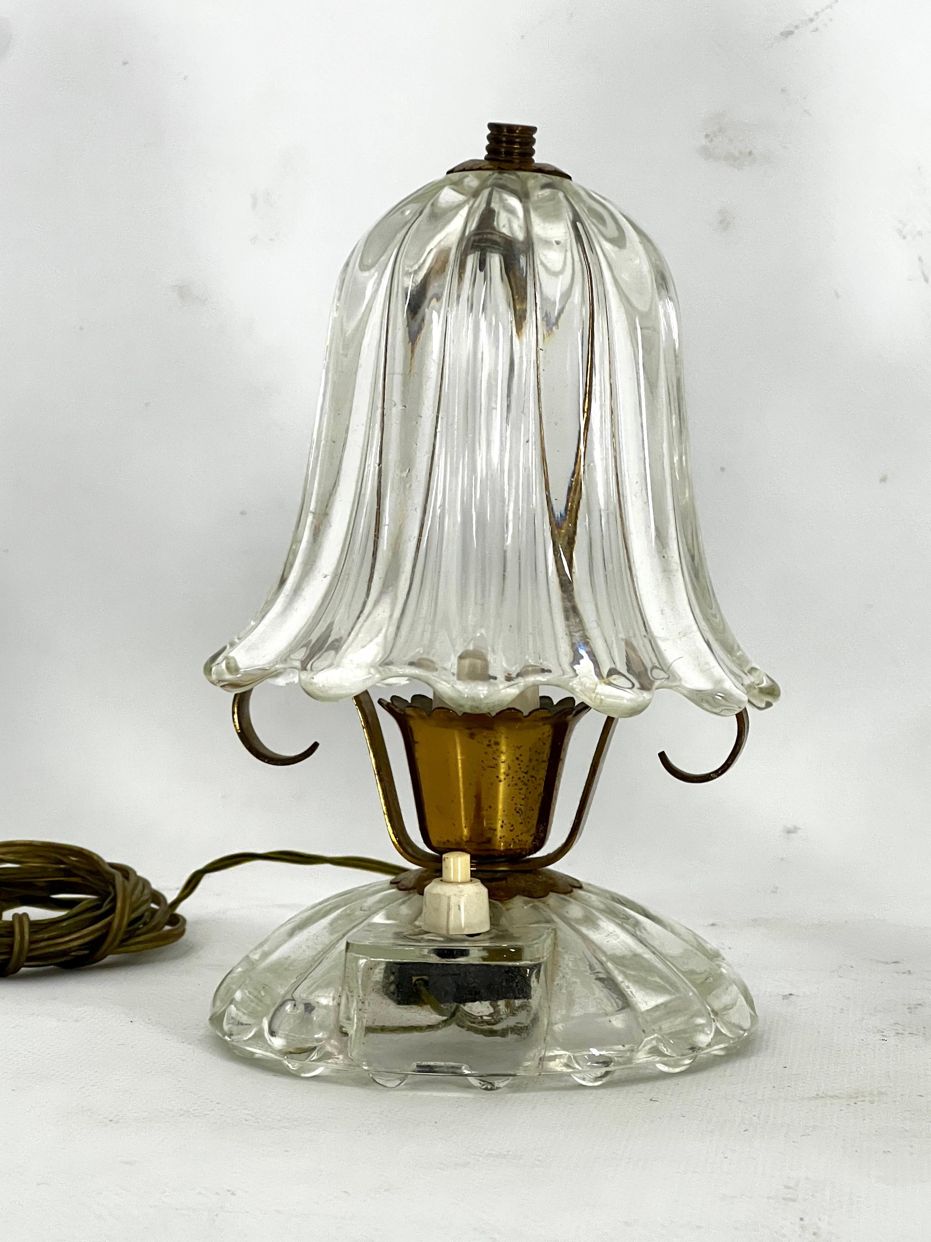 Paar Ercole Barovier Tischlampen aus Murano-Glas und Messing aus der Mitte des Jahrhunderts. 1940s (Italienisch) im Angebot